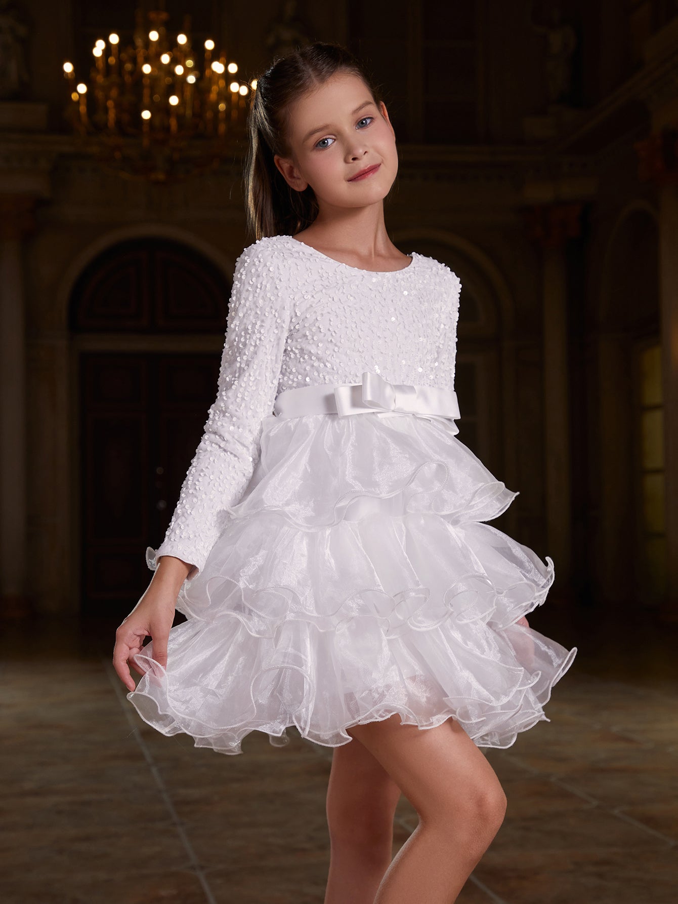 Girl's Sequin Contrast Layered Organza Hem Dress