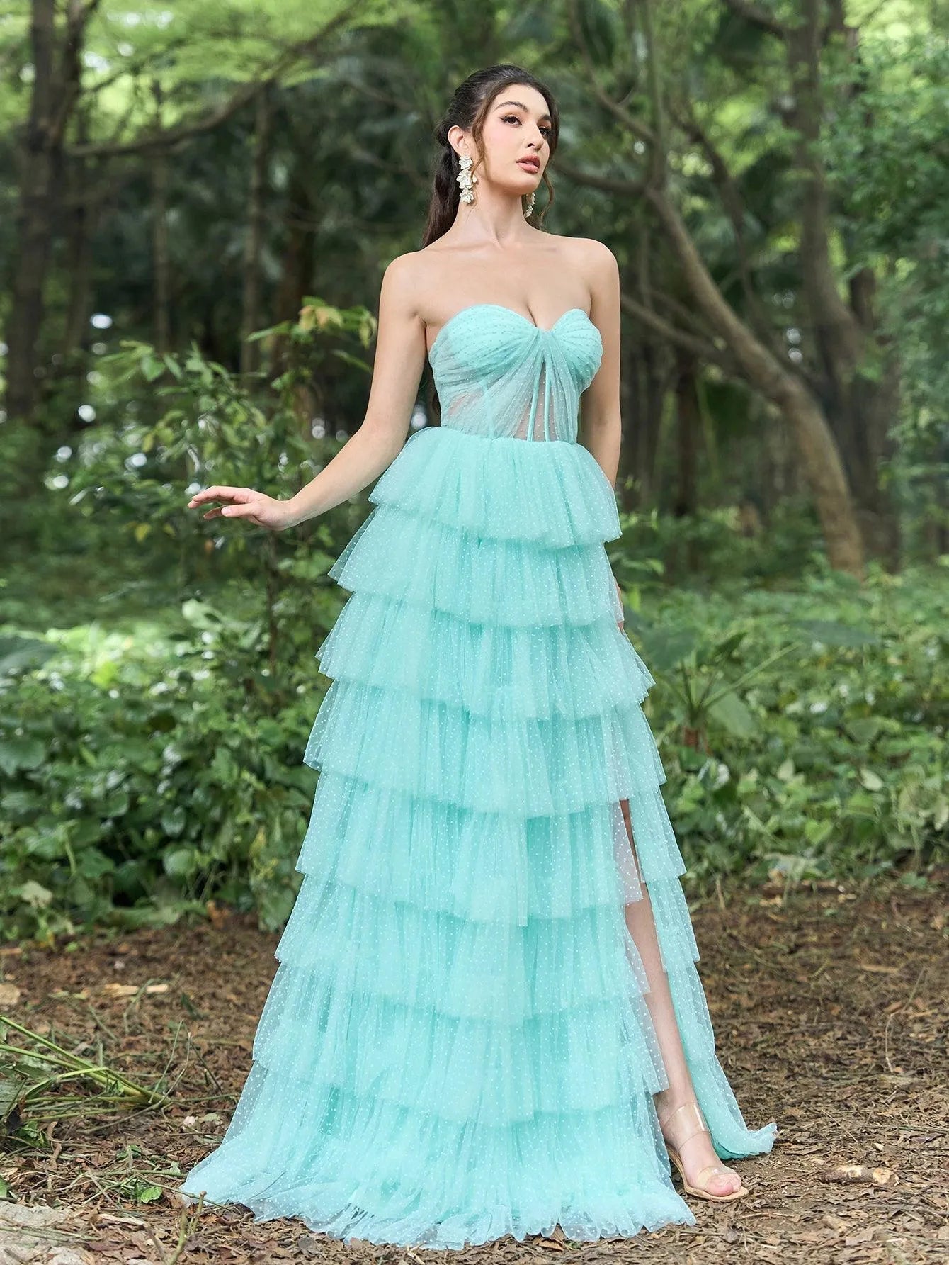 Elegant Ruched Bustier Split Ruffle Layered Hem Prom Tube Dress