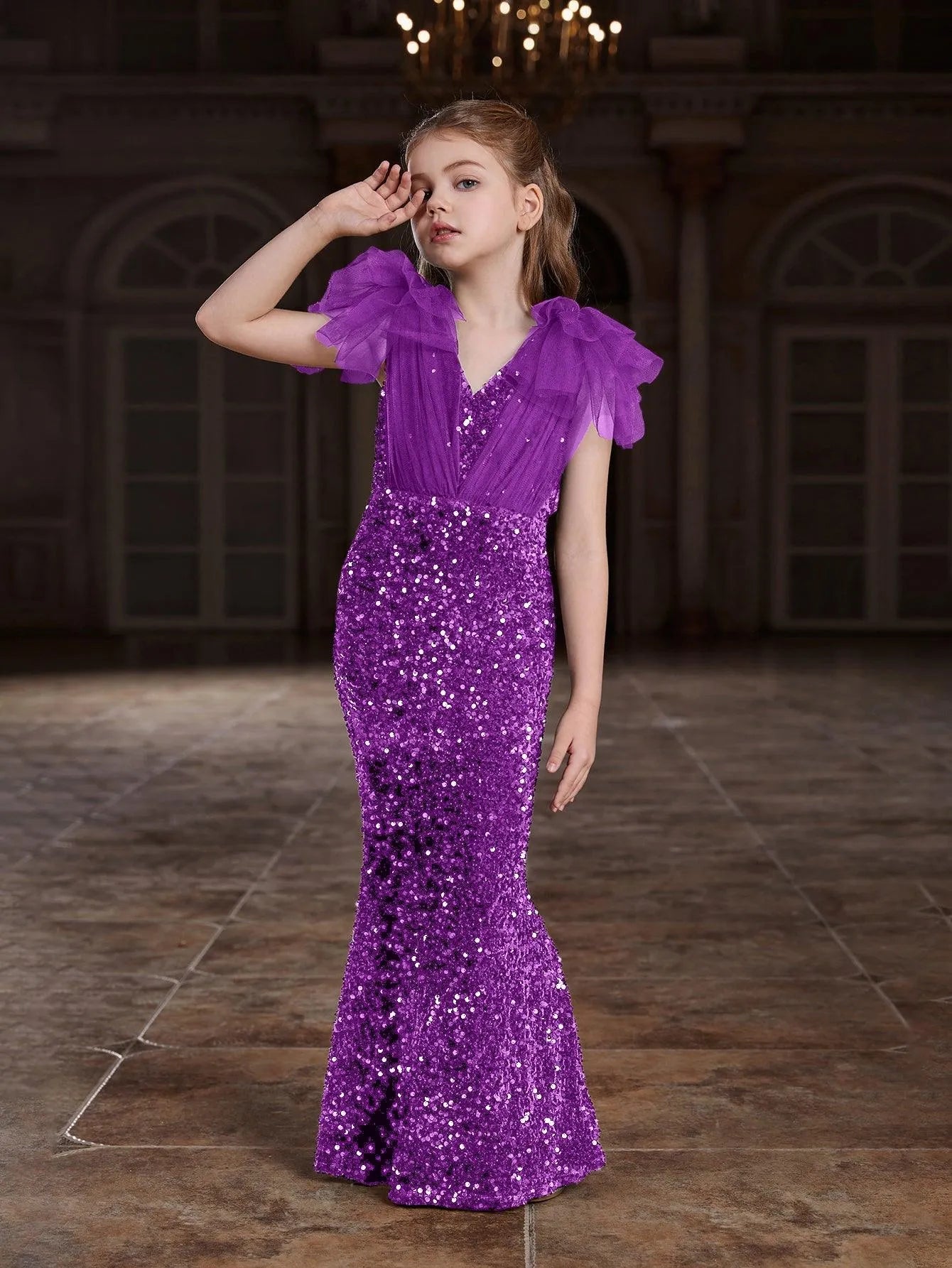 Tween Girls' Cloak Sleeves Sequin Mermaid Hem Dress