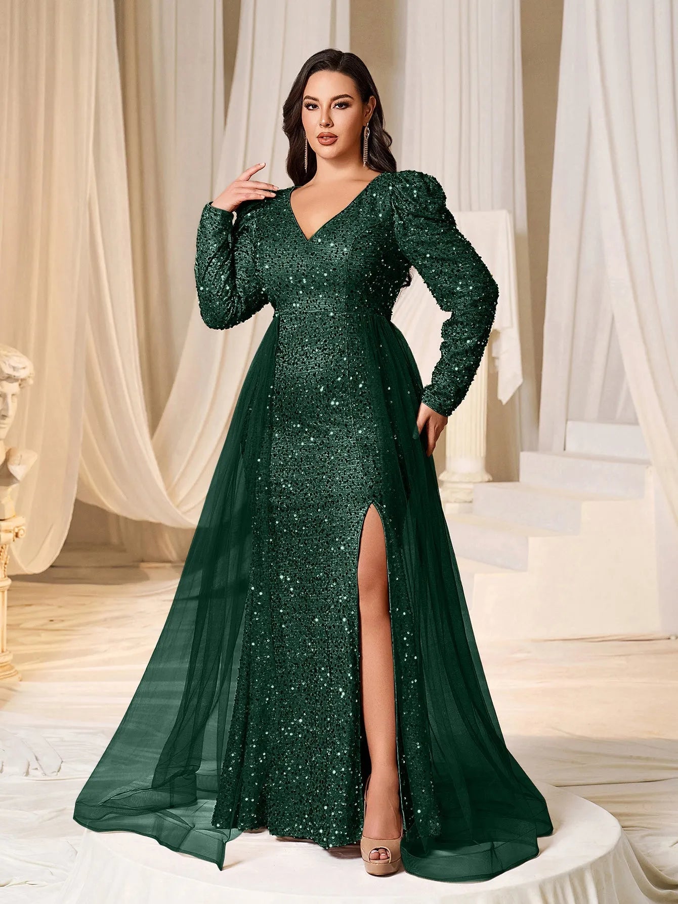 Plus Gigot Sleeves Split Mermaid Hem Sequin Formal Dress