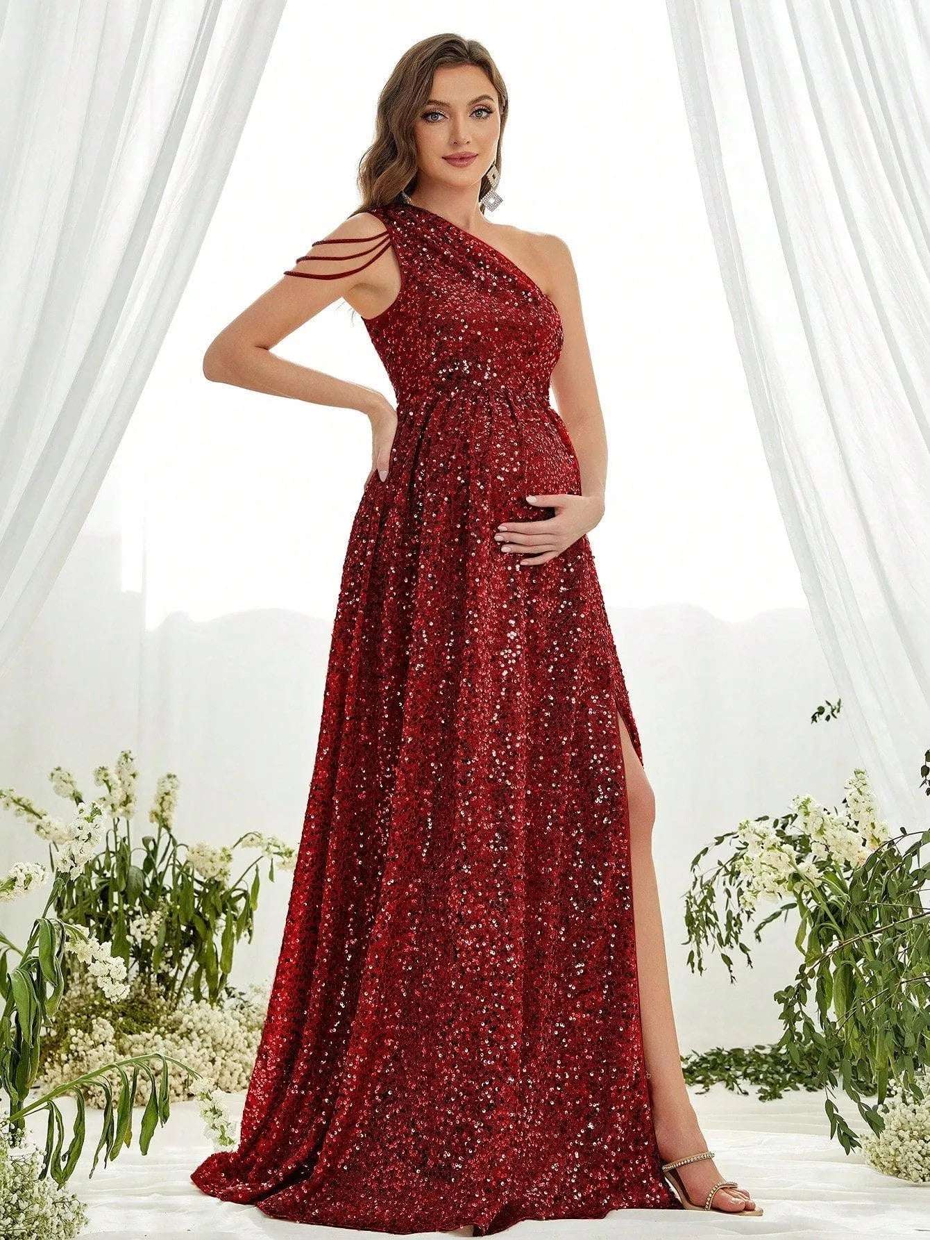 Maternity One Shoulder Chain Detail Slit Sequin Party Dress