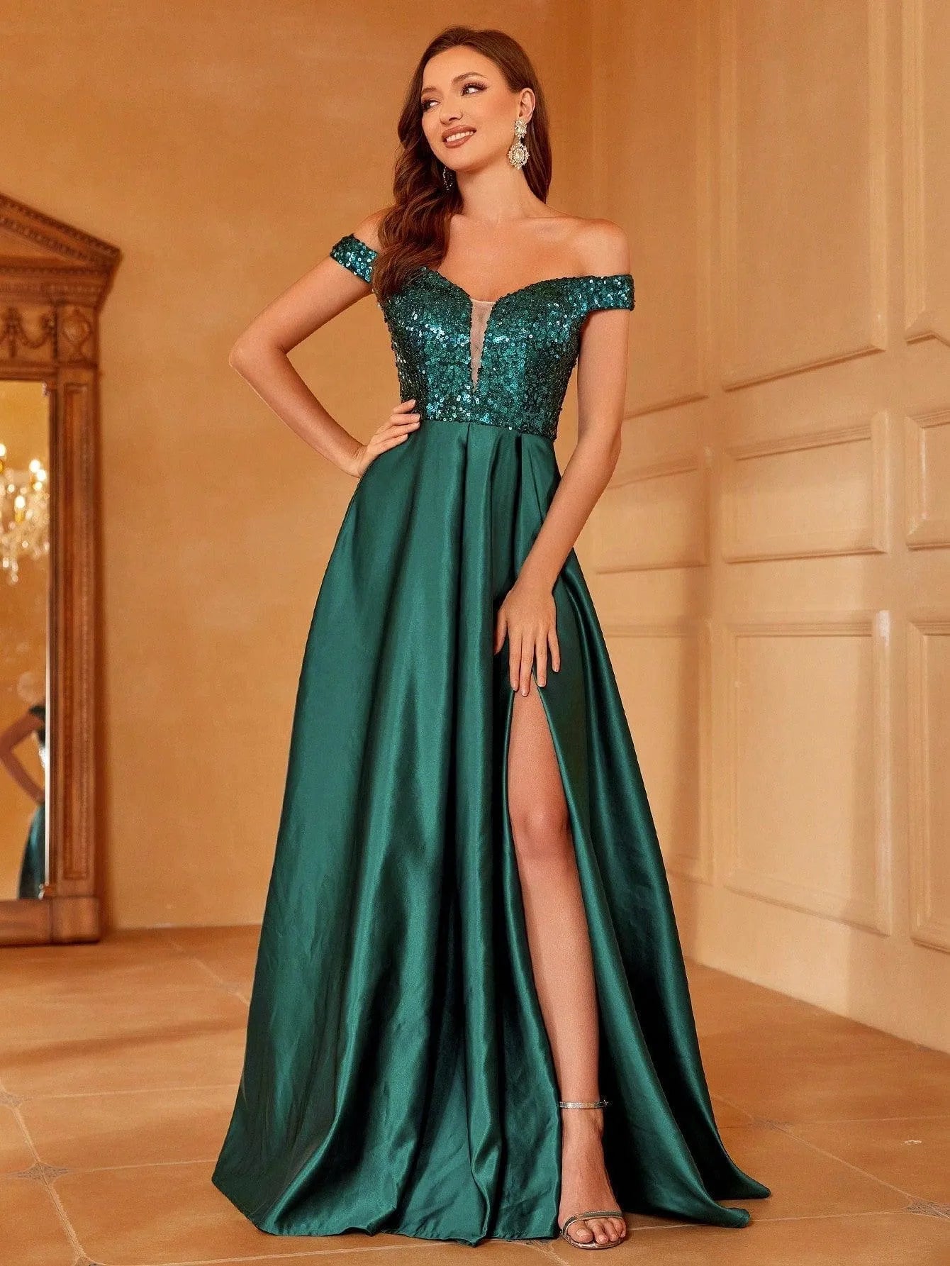 Off Shoulder Contrast Sequin Satin Prom Dress