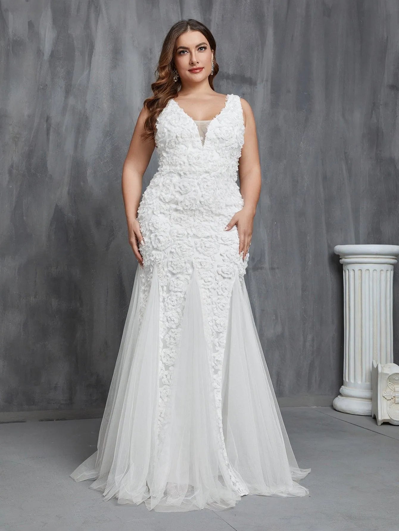 Plus Plunging Neck Mermaid Hem Wedding Dress