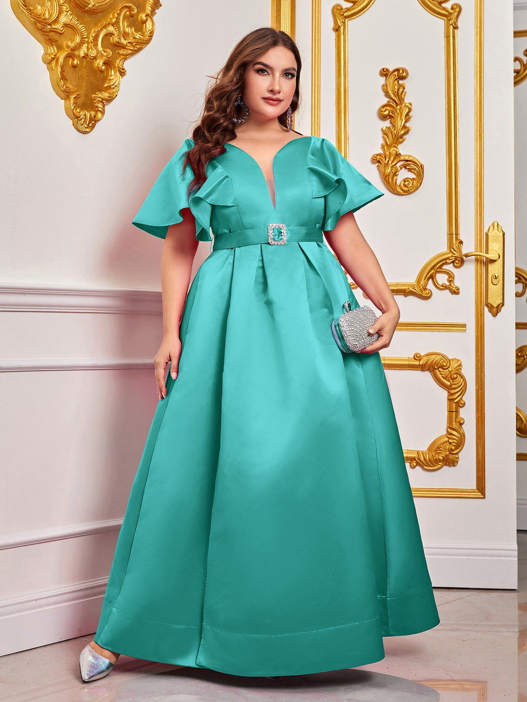 Plus Elegant V-Neck Ruffle Short Sleeves Wide Waist Belt Prom Gown