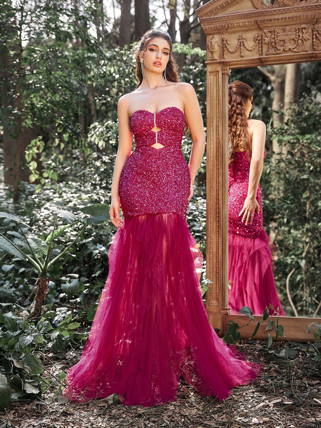 Gorgeous Sequin Bodice Contrast Cascading Tulle Train Strapless Evening Dress