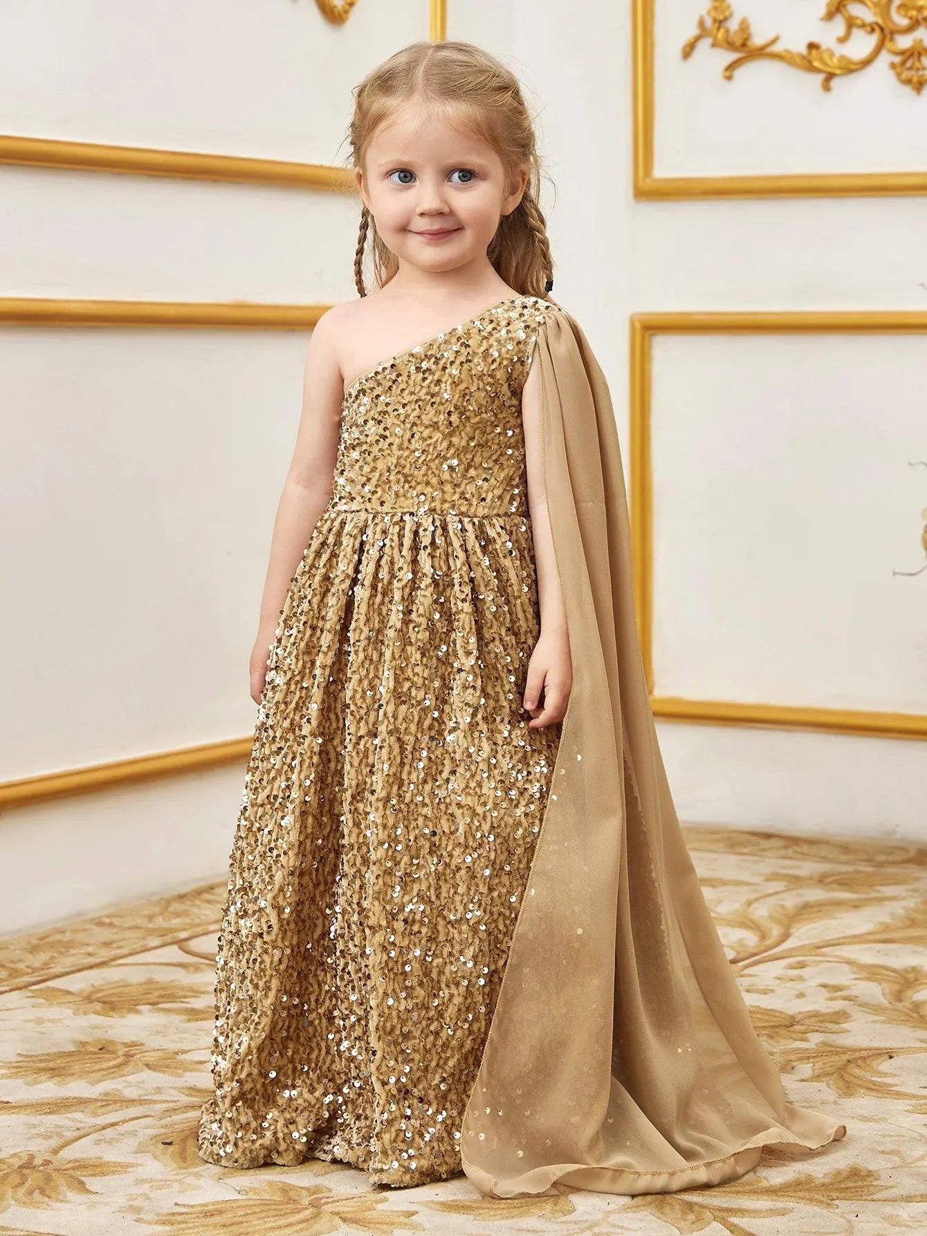 Young Girls' One Shoulder Draped Side Sequin A Line Dress