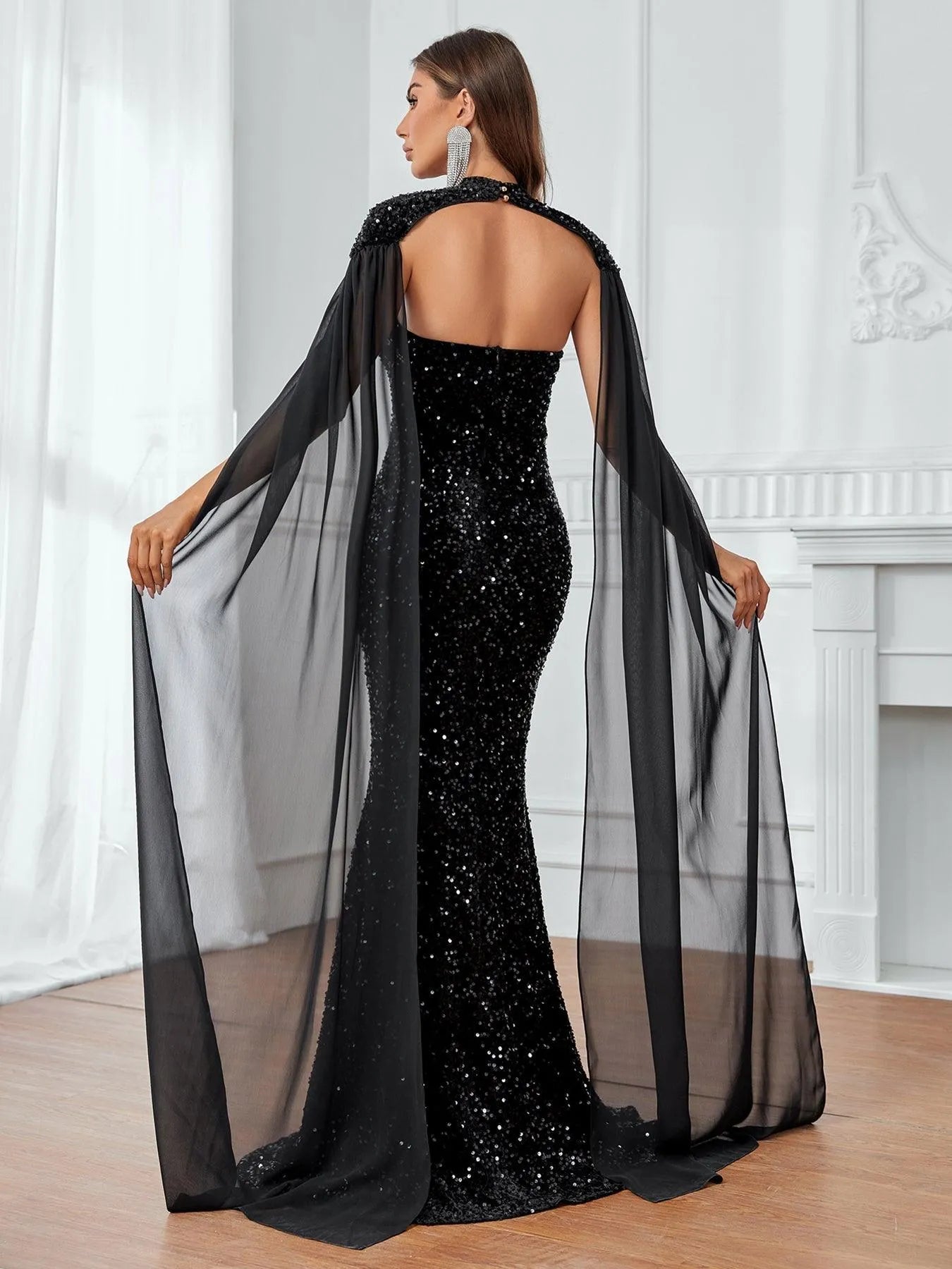 Black Chiffon Cloak Sleeves Sequin Tube Dress