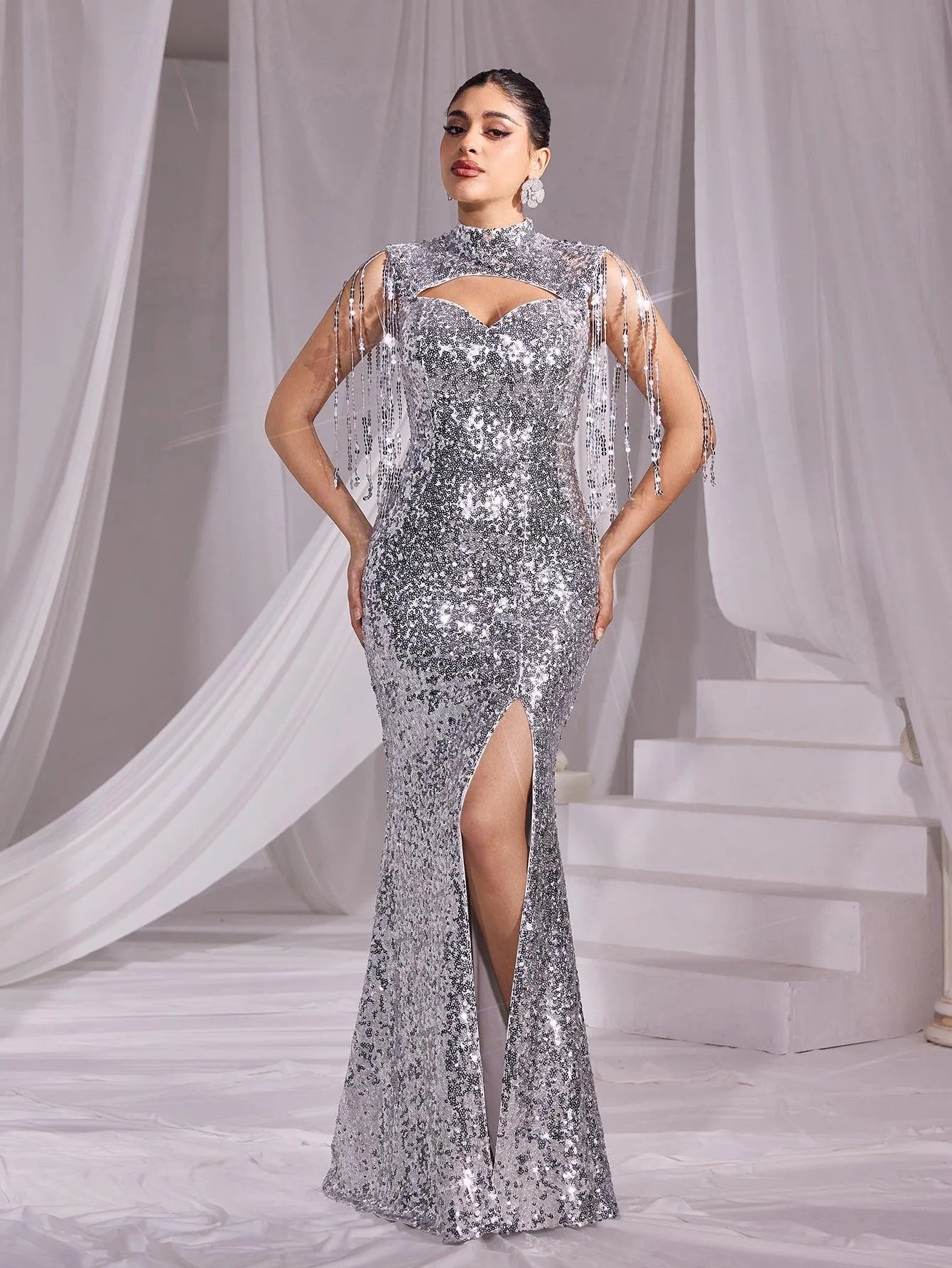 Sequin Mock Neck Mermaid Hem Evening Dress