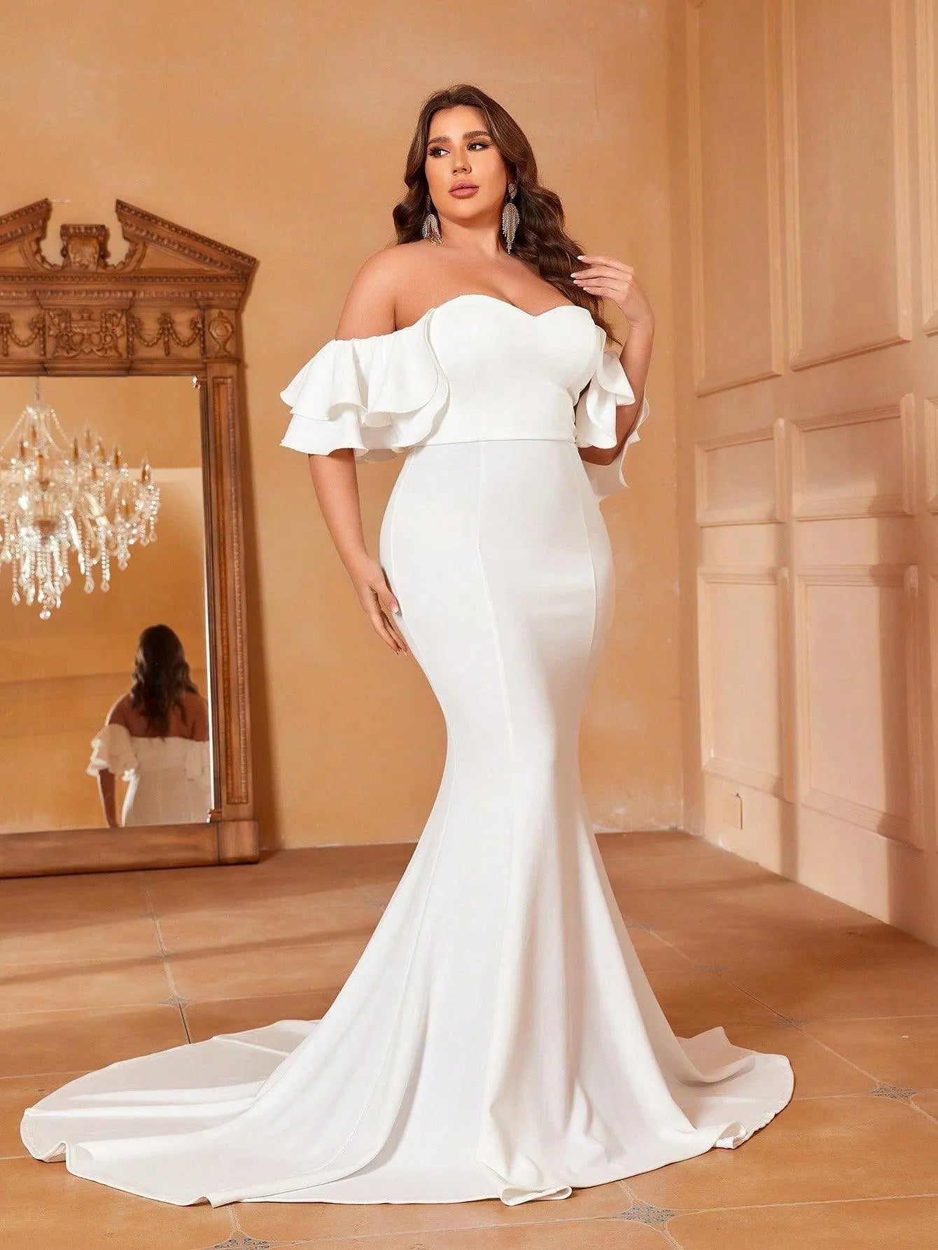 Plus Off Shoulder Ruffle Sleeve Mermaid Wedding Dress