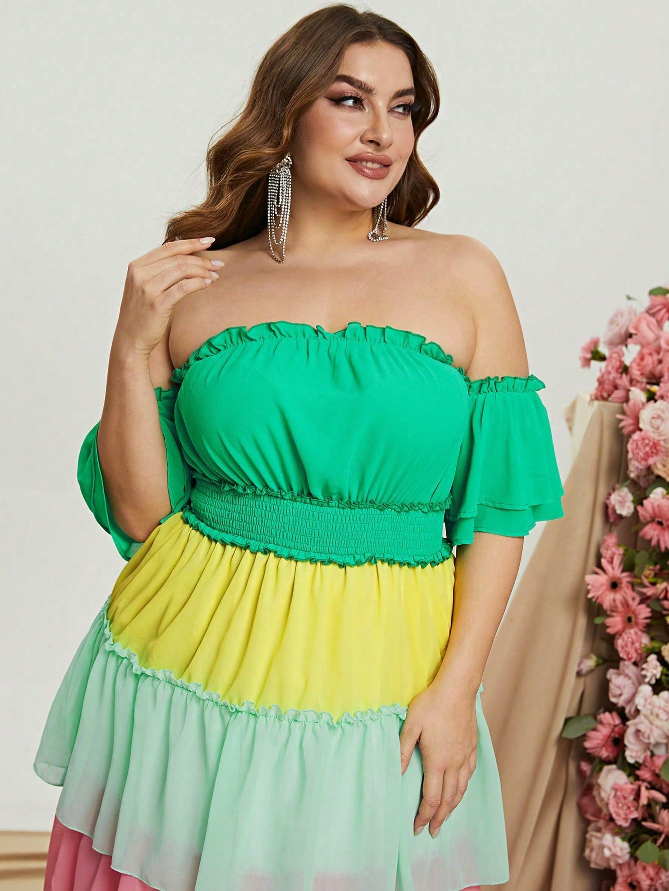 Plus Off Shoulder Ruffle Sleeve Color Block Chiffon Layered Dresses