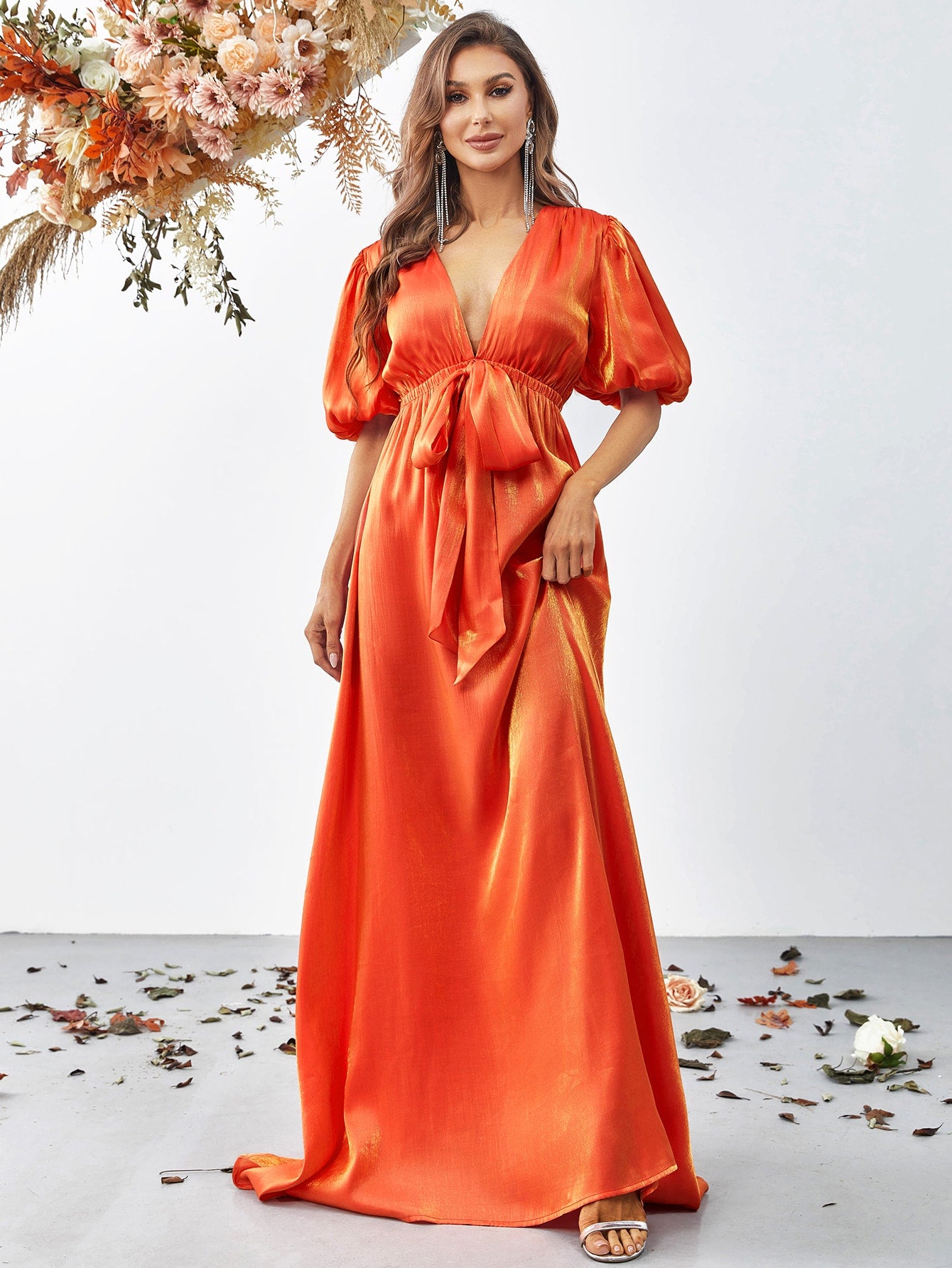 Orange Plunging Neck Puff Sleeve Belted Dress