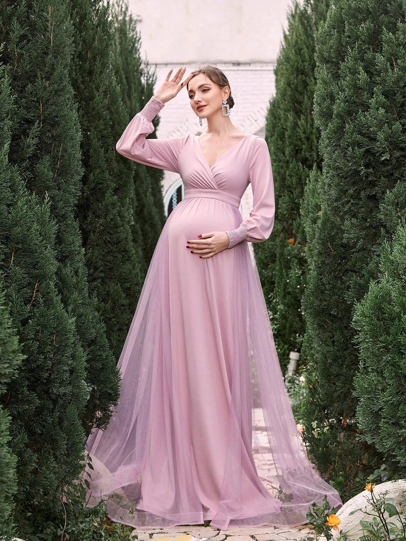 Maternity Solid Surplice Neck Mesh Overlay Formal Dress