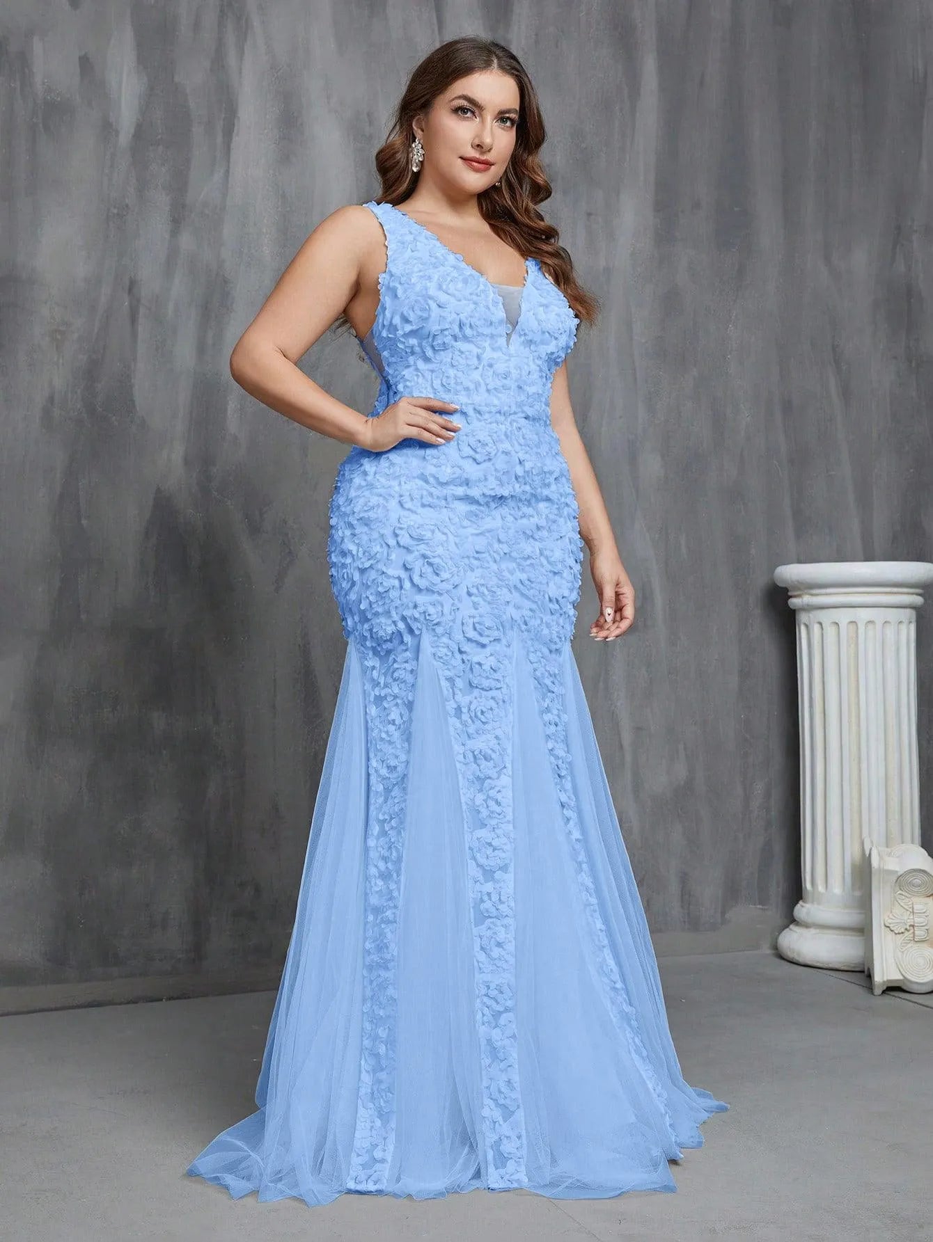 Plus Plunging Neck Mermaid Hem Wedding Dress