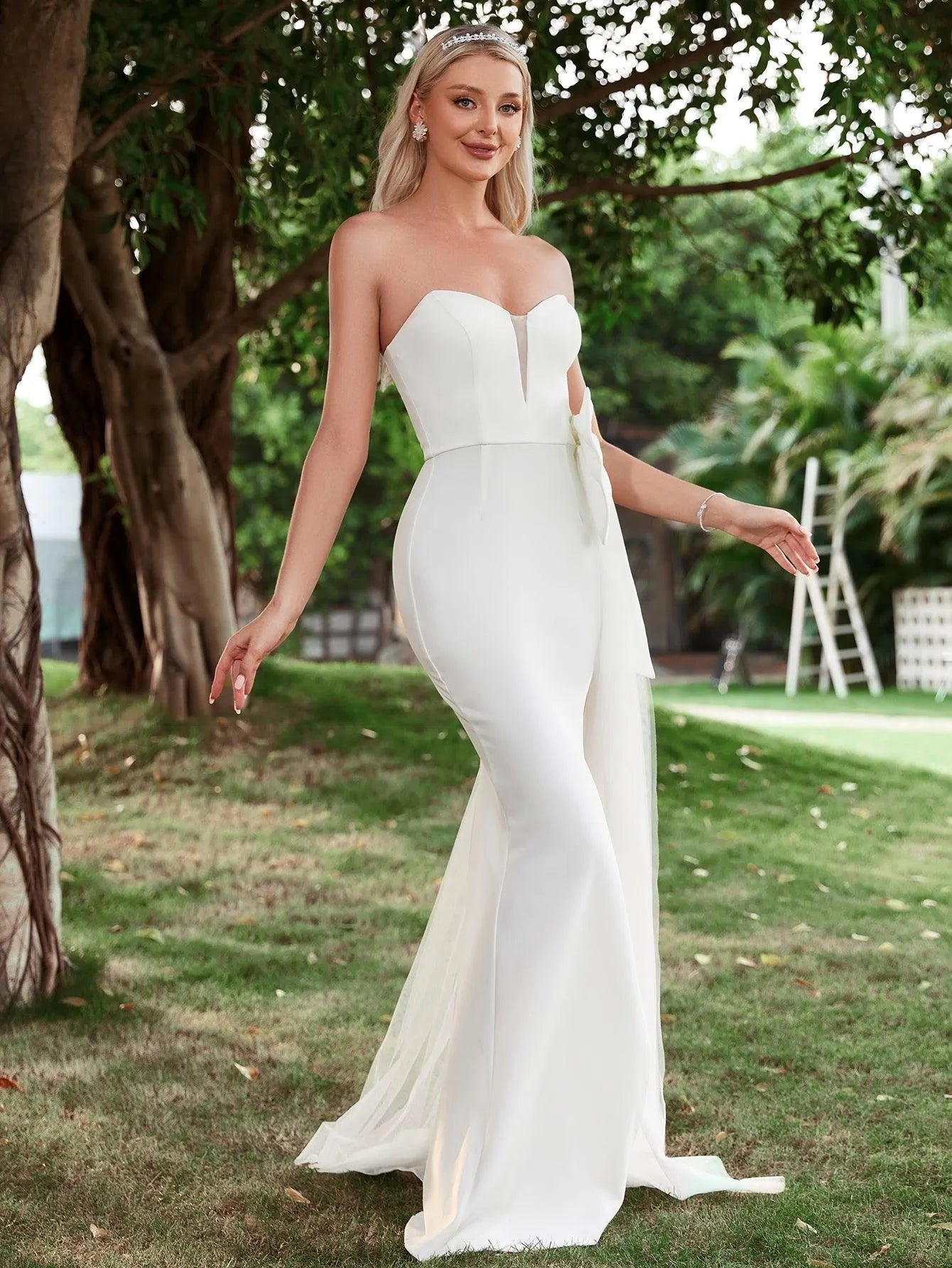 Draped Side Split Thigh Tube Wedding Dress