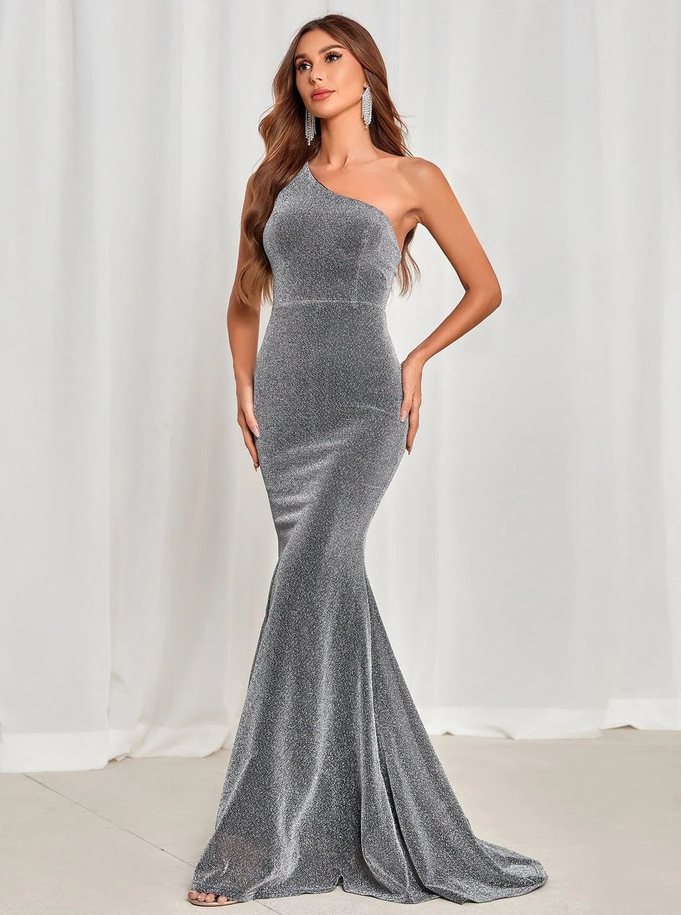 One Shoulder Backless Mermaid Hem Glitter Dress