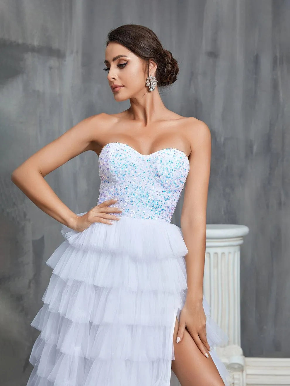 Sequin Bodice Contrast Cascading Ruffle Wedding Dresses