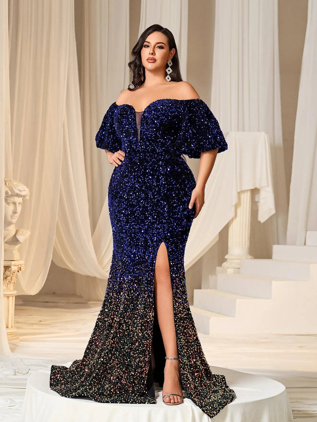 Plus Off Shoulder Puff Sleeves Ombre Sequin Mermaid Dress