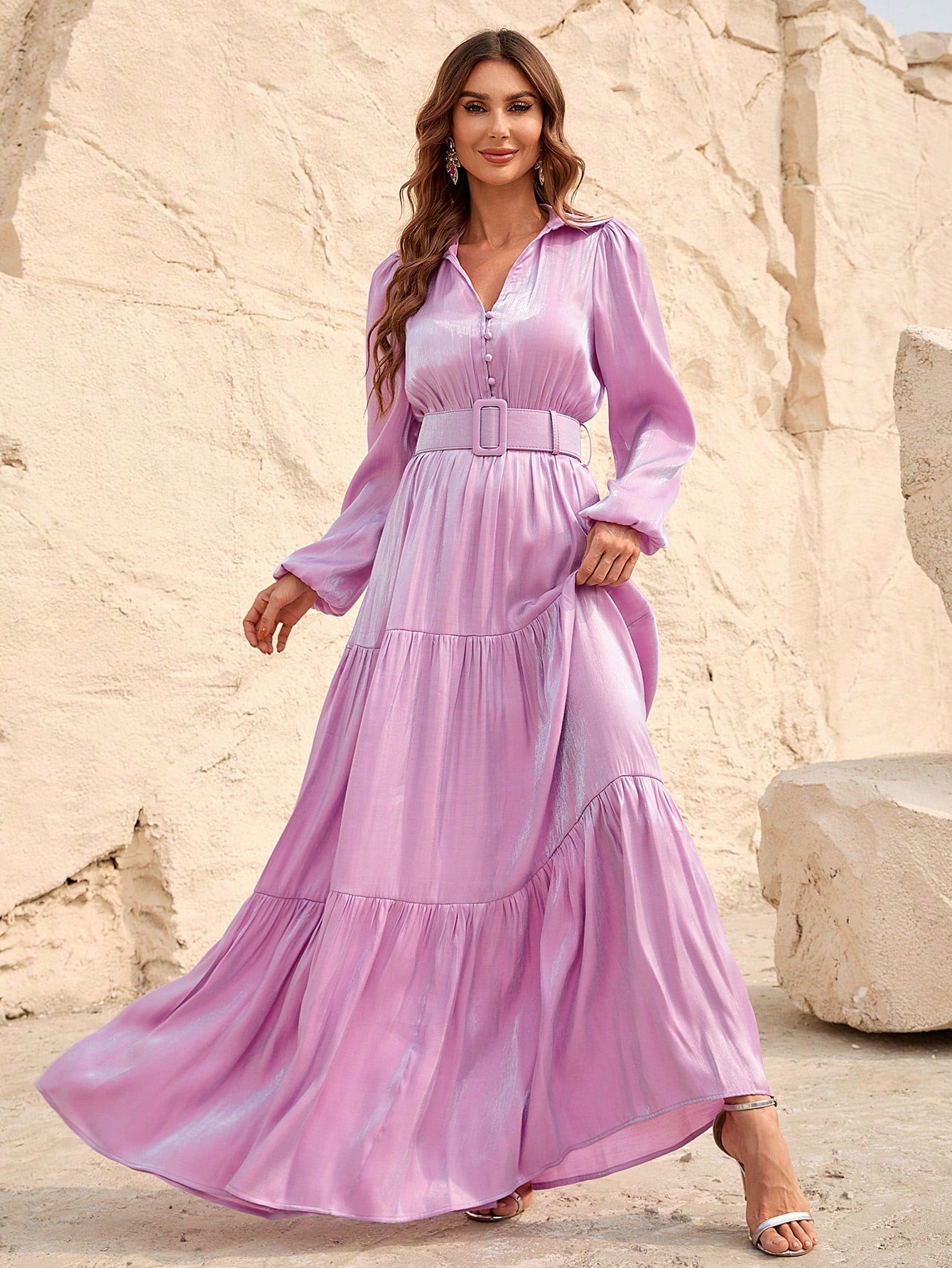 Elegant Lantern Sleeve Ruffle Hem Belted Chiffon Dress