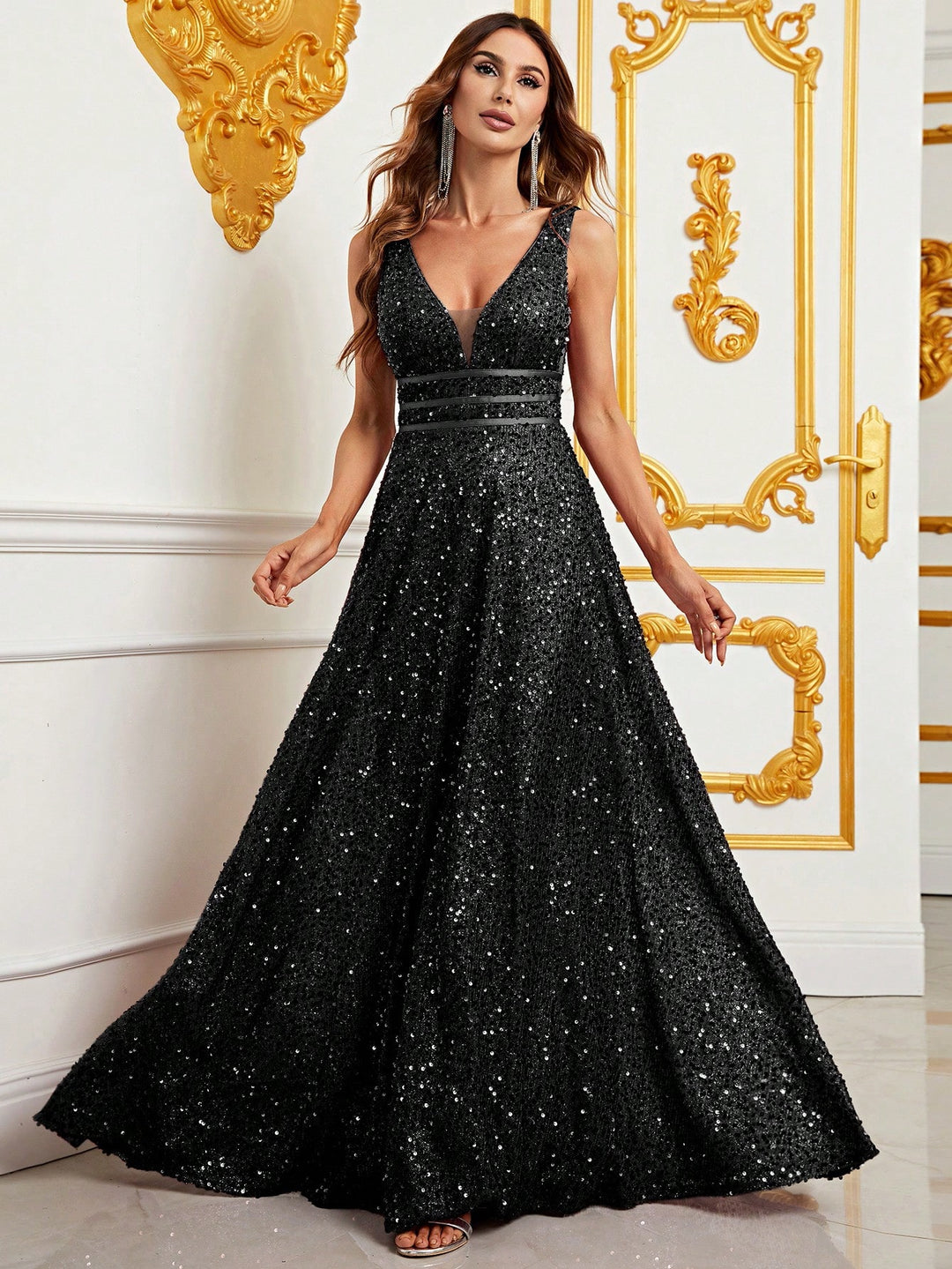 Elegant Deep V Neck Sequin A Line Prom Dresses