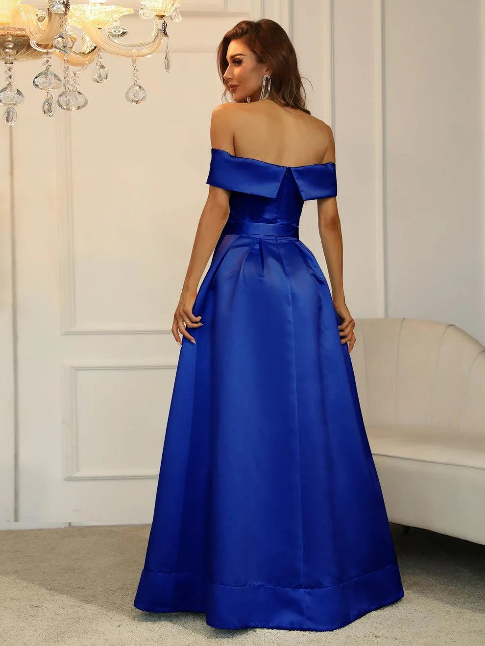 Off Shoulder Buckle Belted Satin Ball Gown