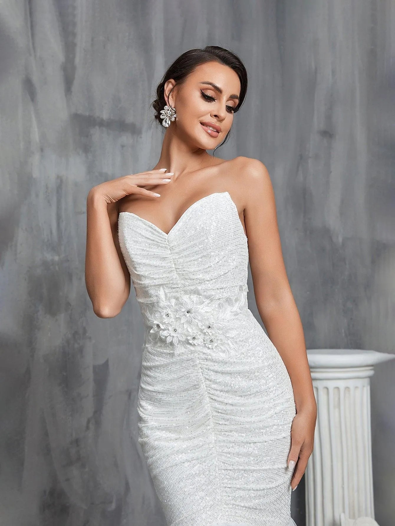 Ruched Front Mermaid Hem Sequin Tube Wedding Dresses