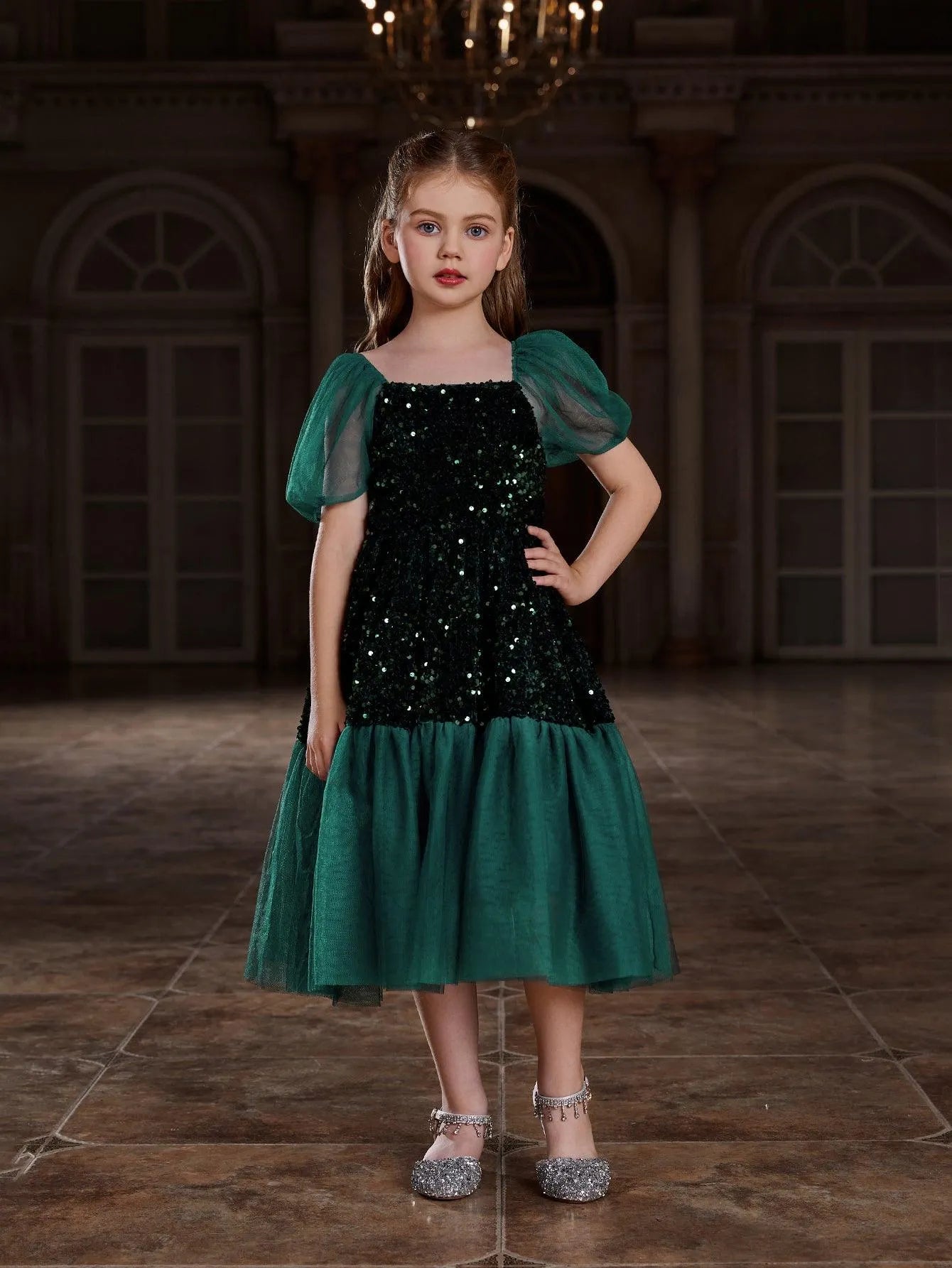 Tween Girls' Puff Sleeves Contrast Mesh Sequin Party Dress