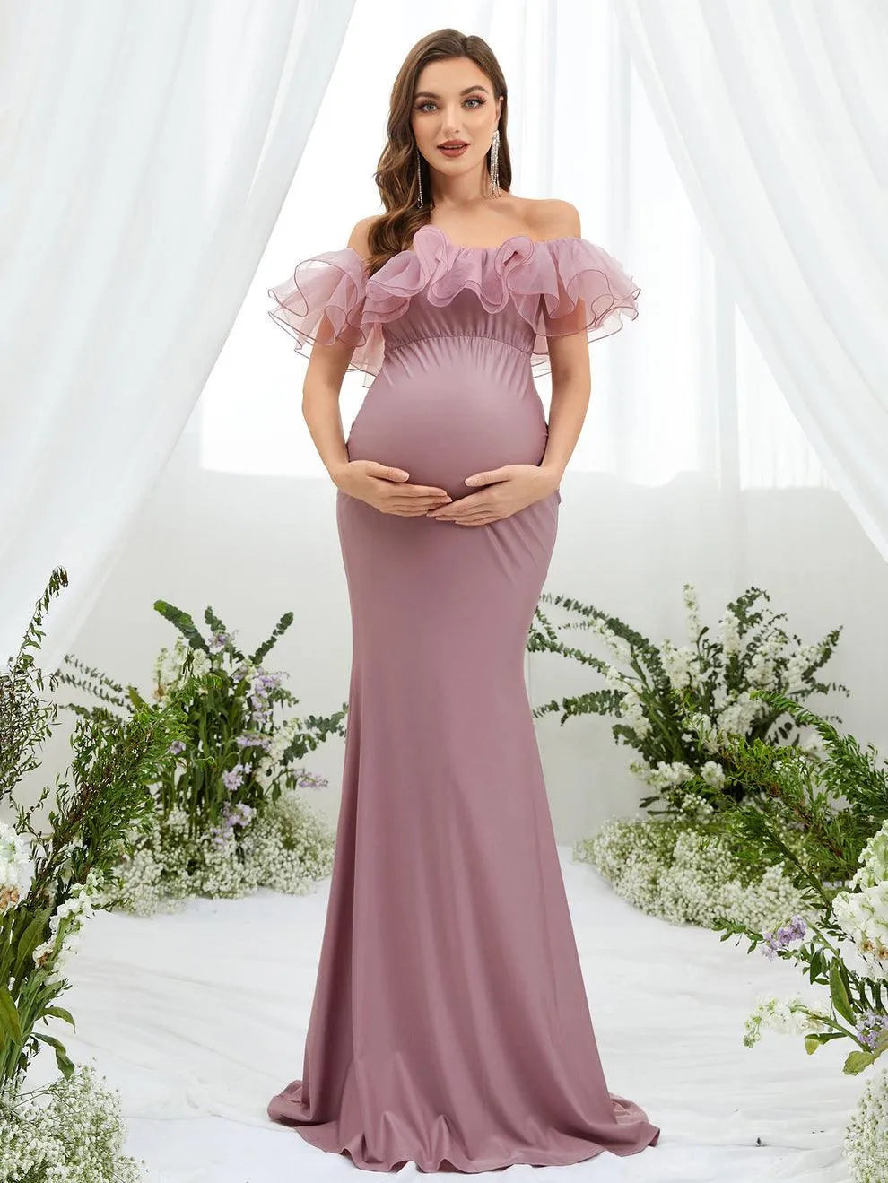 Maternity Ruffle Trim Off Shoulder Mermaid Hem Party Dress