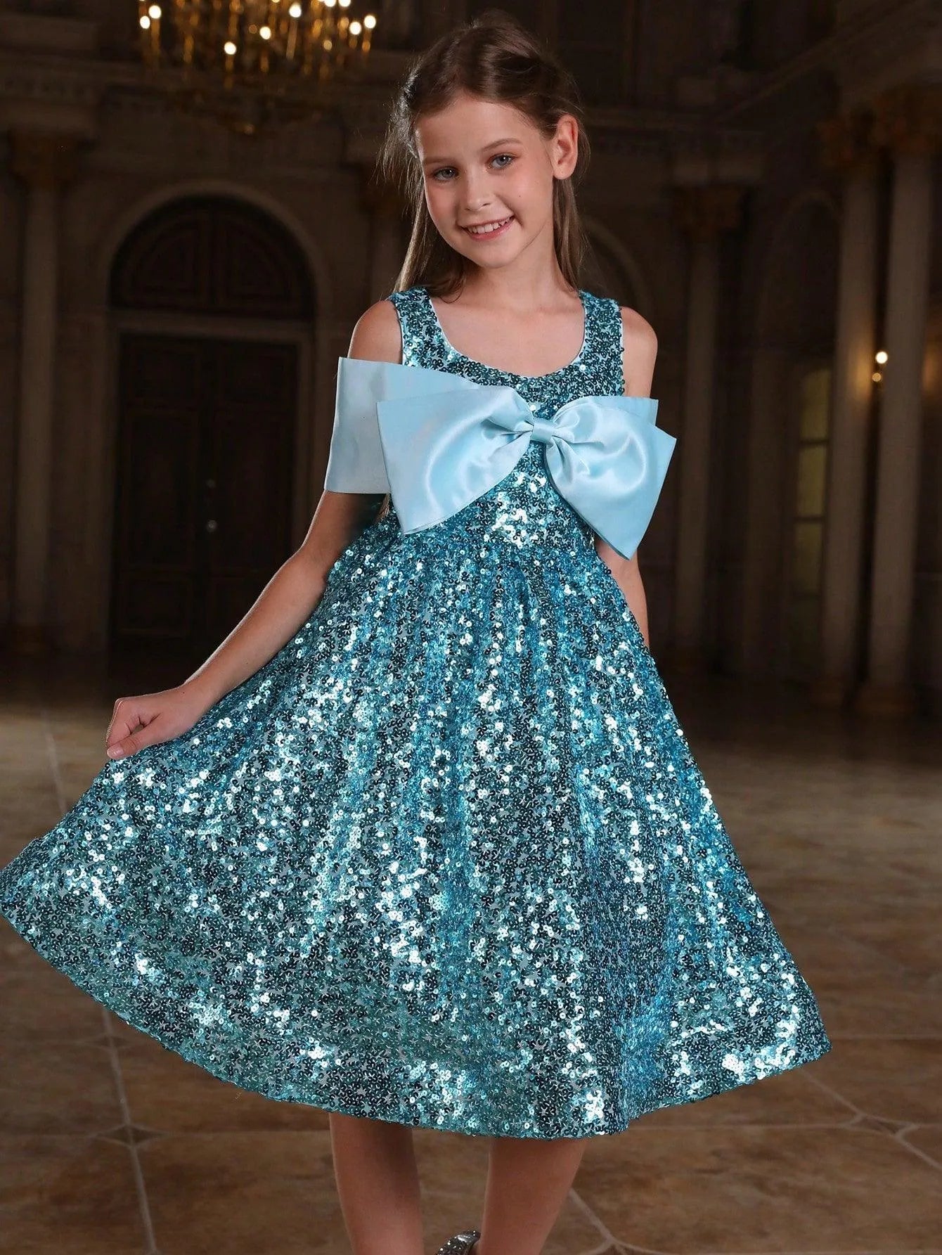 Tween Girls' Bow Detail Sequin Party Dress