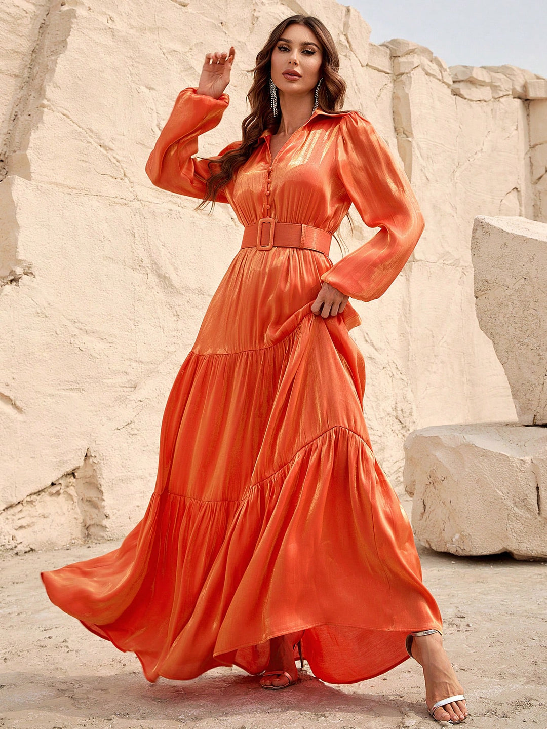 Elegant Lantern Sleeve Ruffle Hem Belted Chiffon Dress