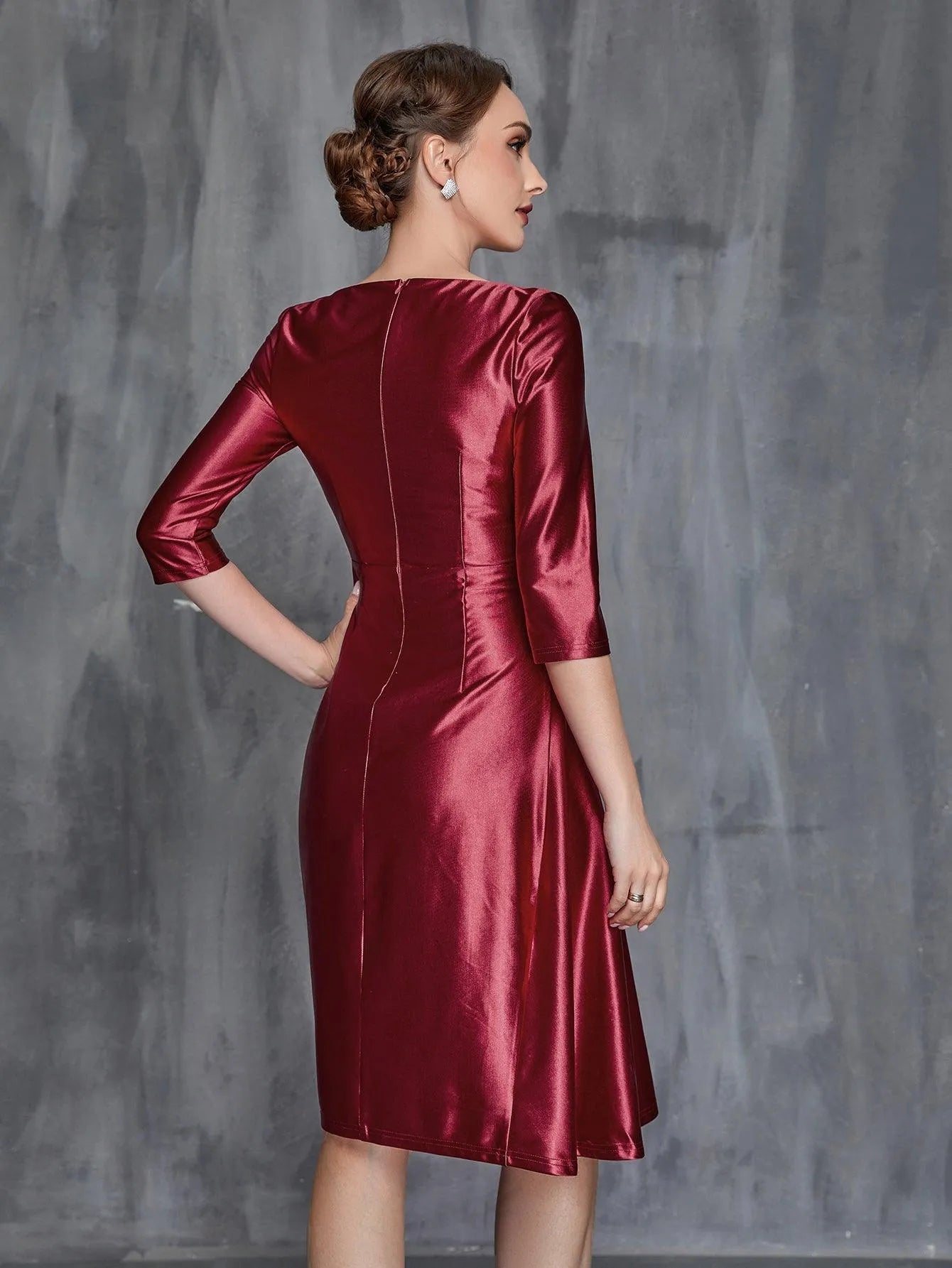 Womens' Solid Ruched Wrap Front Satin Dress