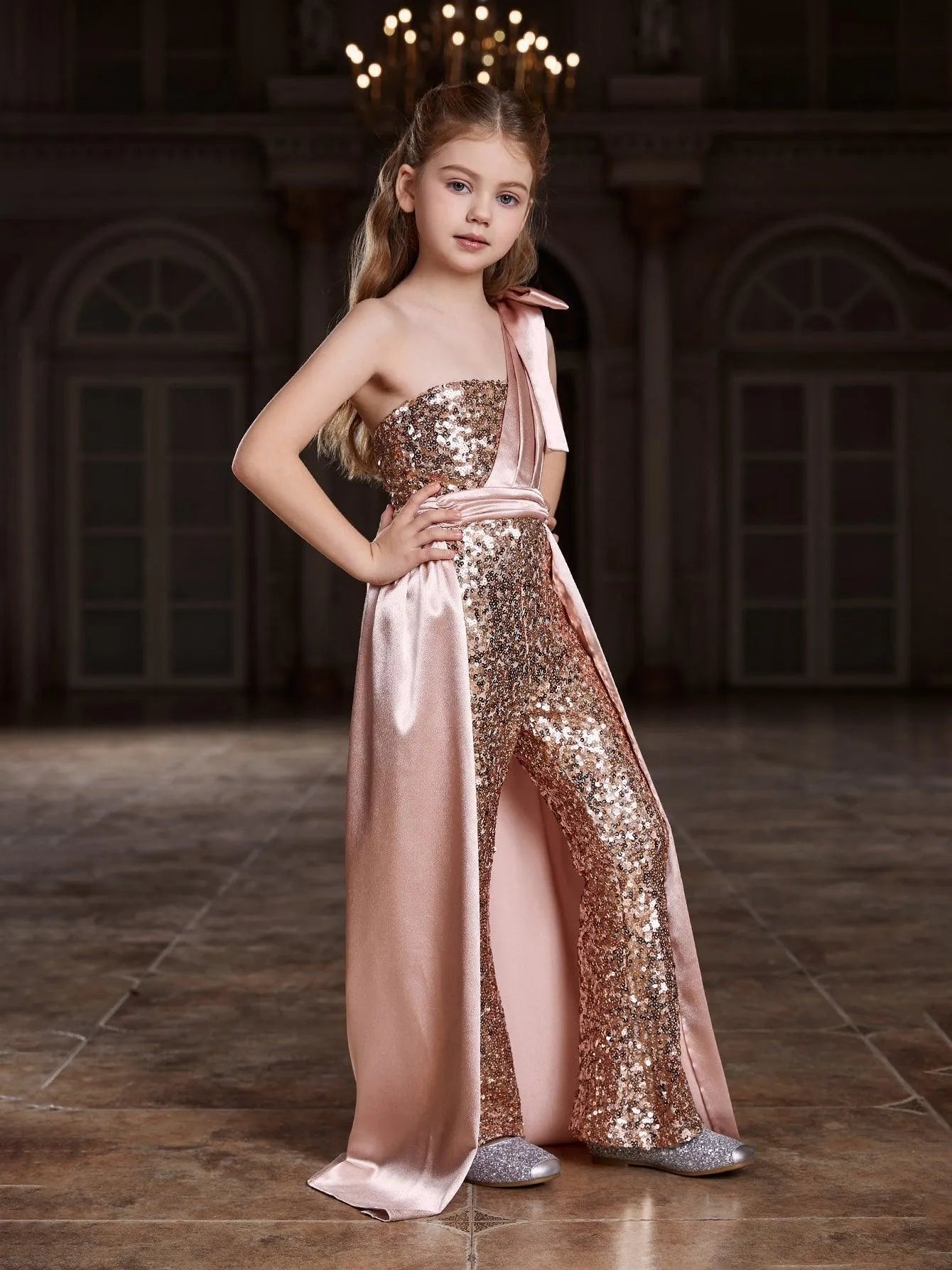 Tween Girls' One Shoulder Satin Overlay Sequin Jumpsuit