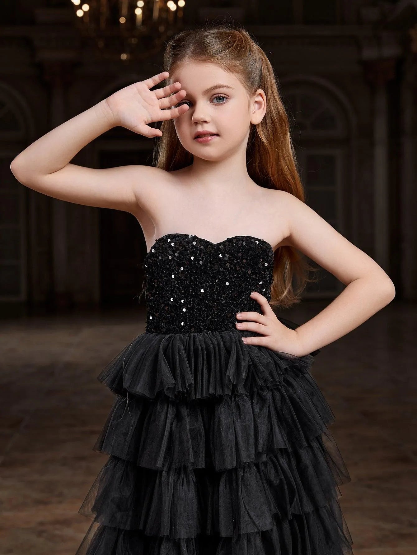 Tween Girls' Mesh Layered Hem Sequin Tube Party Dress