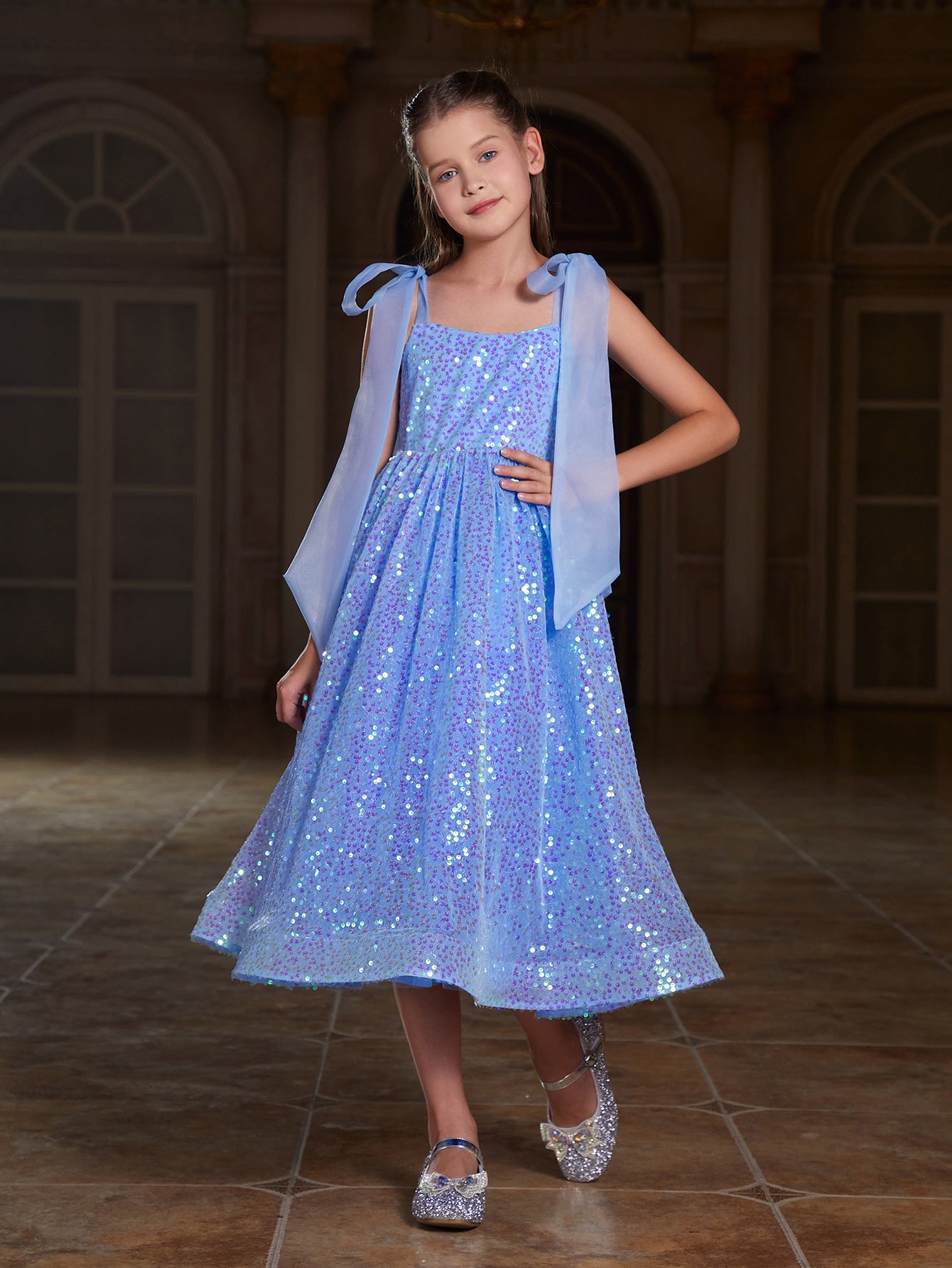 Girl's Tie Shoulder Sequin Party Dress