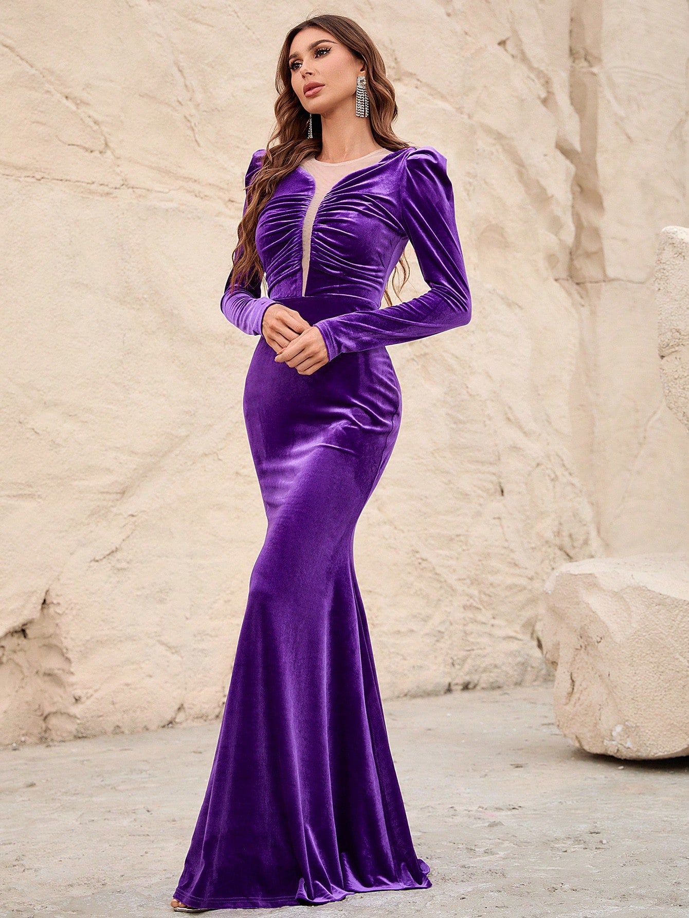 Mesh Insert Ruched Velvet Mermaid Dresses