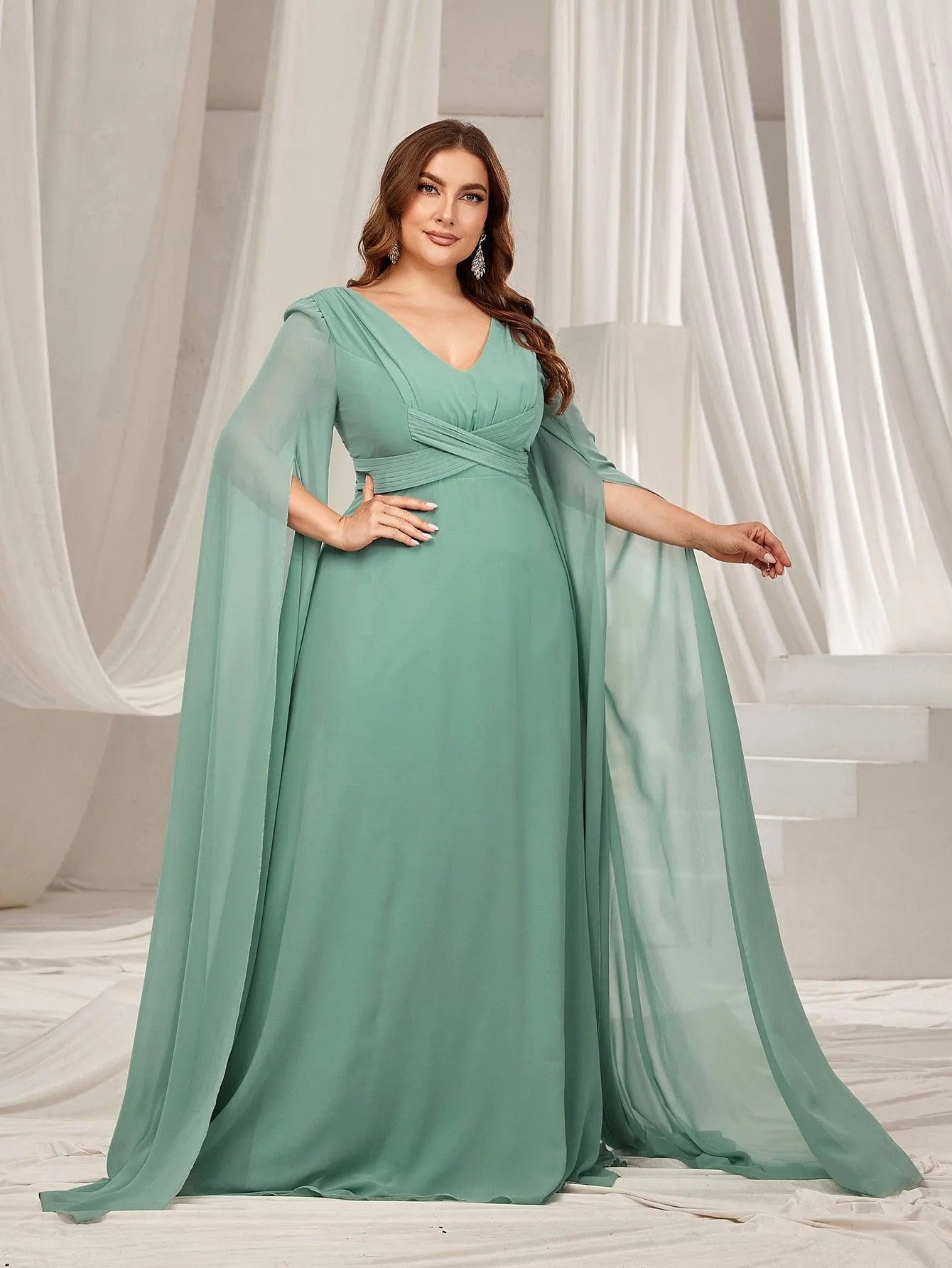 Plus Solid Ruched Front Extra-Long Sleeves Chiffon Prom Dress