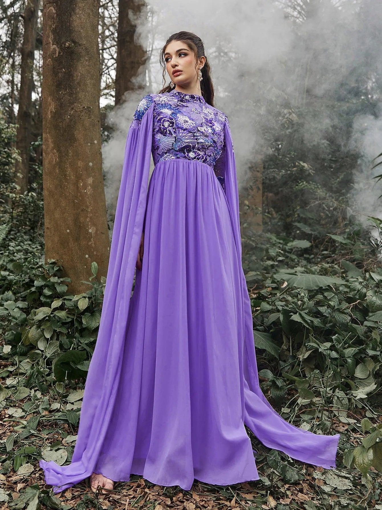 Mock Neck Cloak Sleeves Contrast Floral Sequin Prom Dress