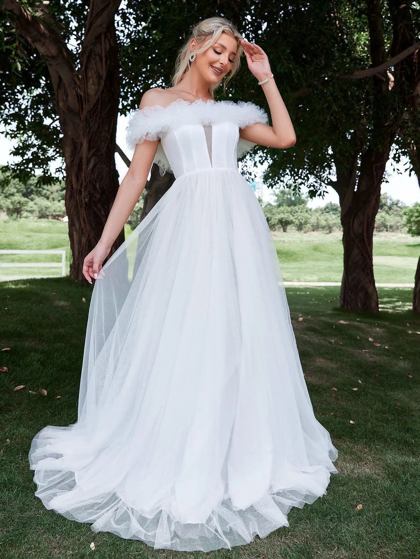 Ruffle Trim Off Shoulder A Line Wedding Dress