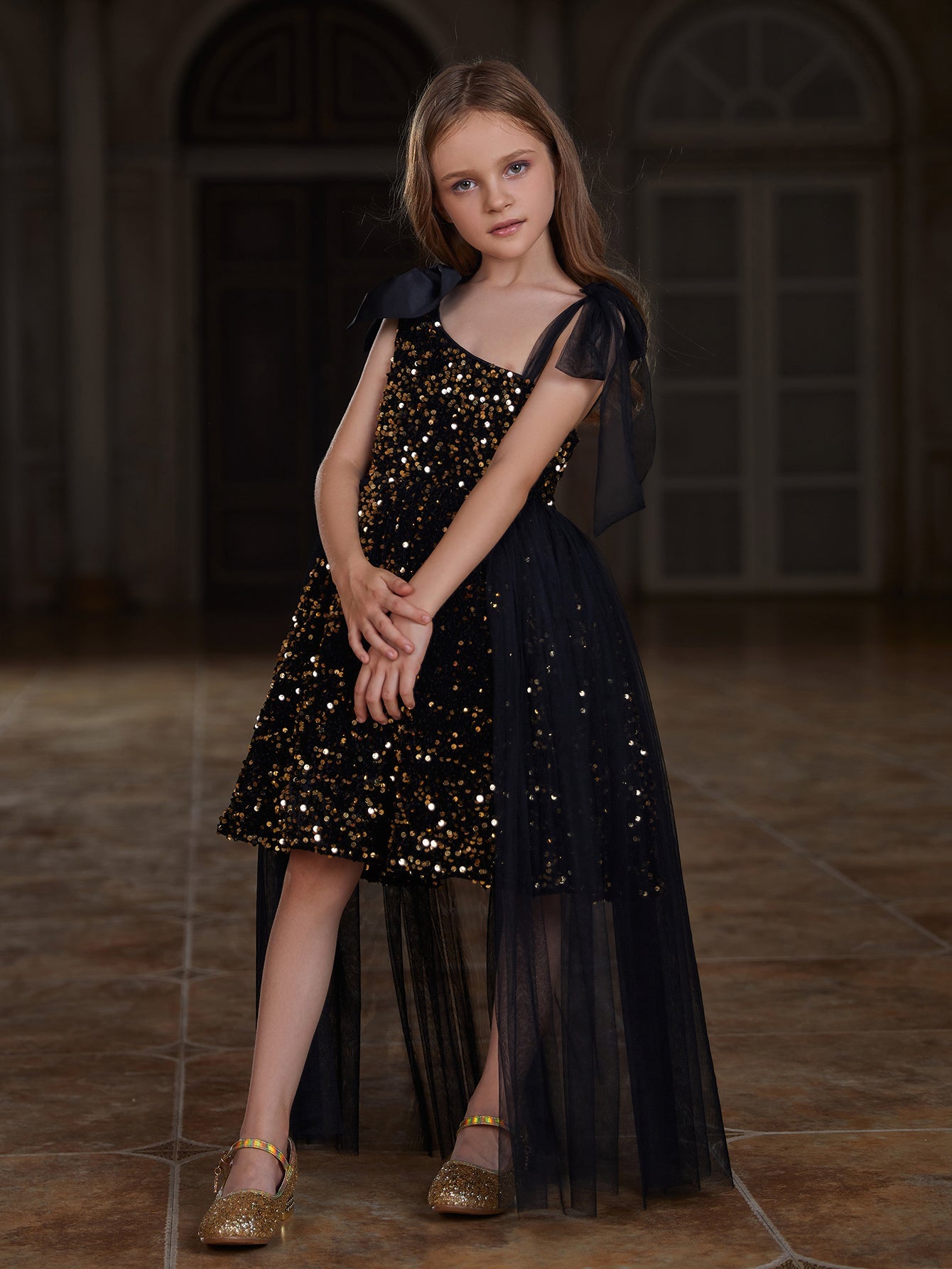 Girl's Cute Sleeveless Mesh Overlay Sequin Party Dress