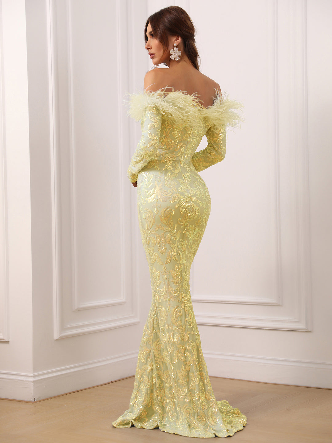 Evening Gown Long Sleeve Prom Dress With Feathers