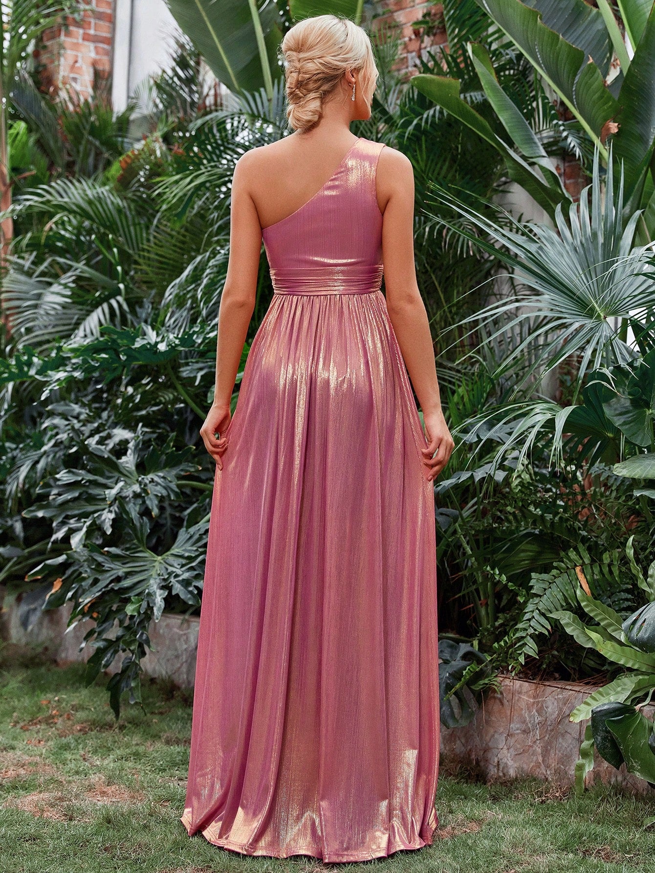 One Shoulder Sleeveless Metallic A Line Dress