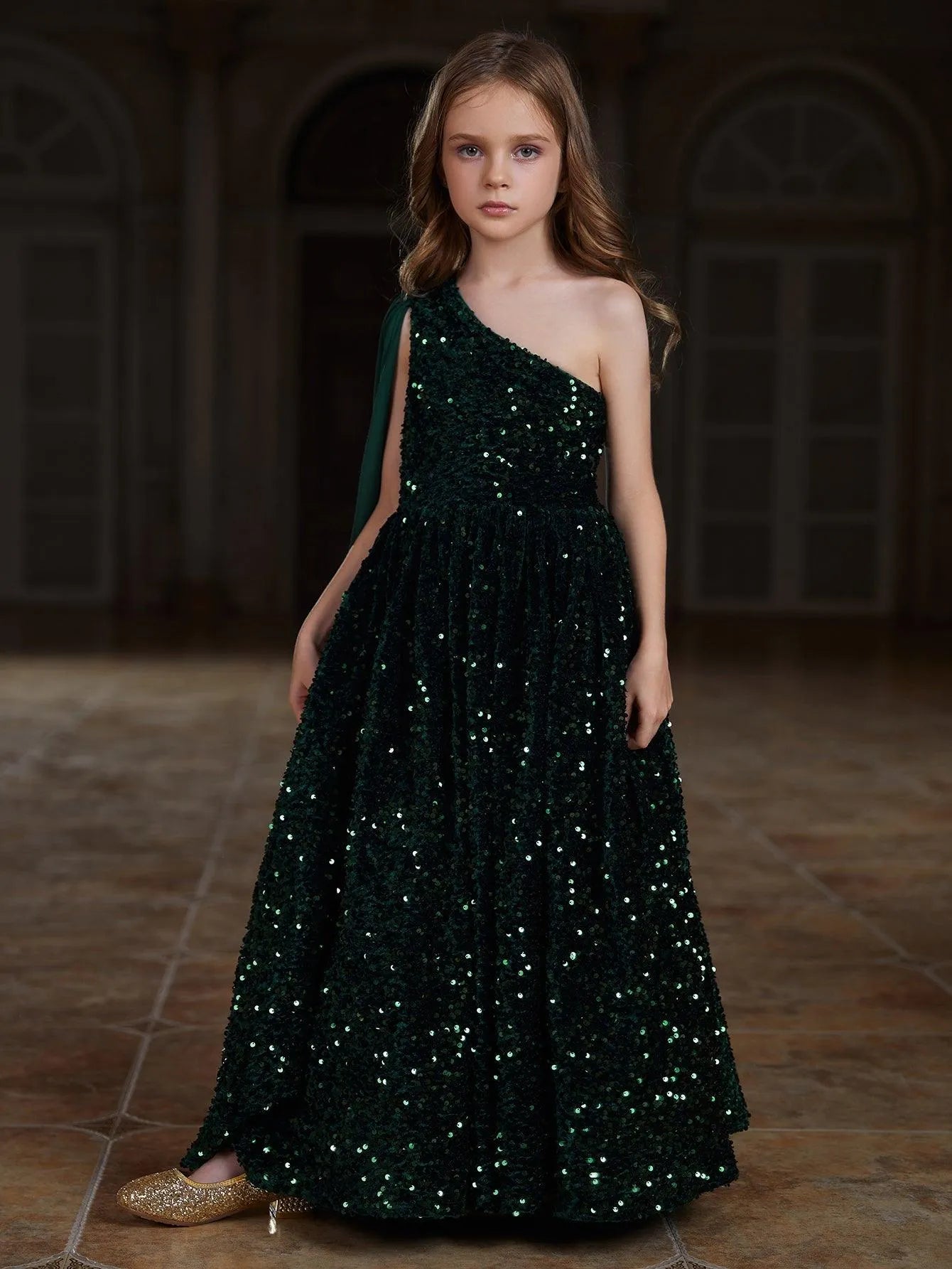 Tween Girls' One Shoulder Draped Side Sequin A-line Dress