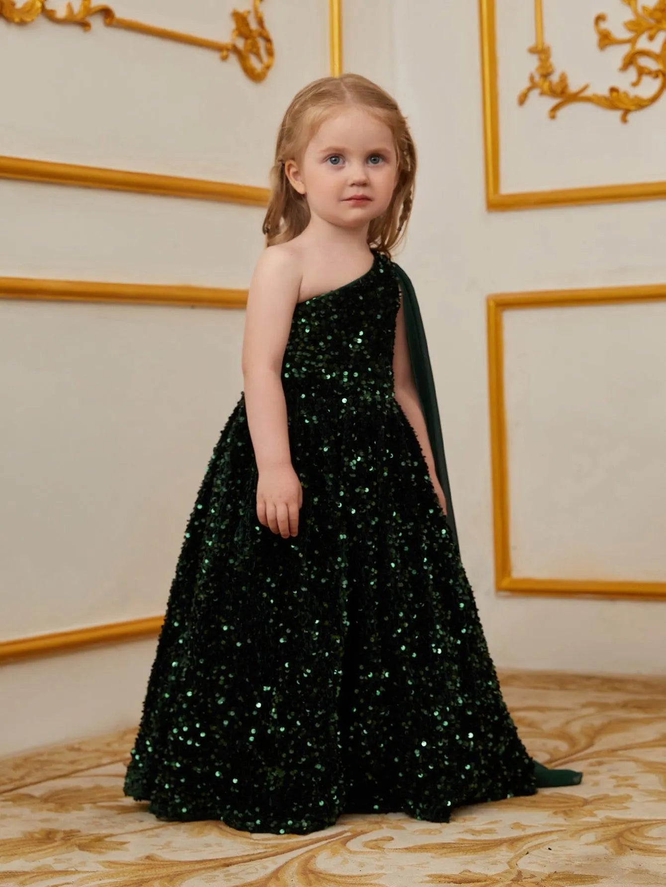 Young Girls' One Shoulder Draped Side Sequin A Line Dress