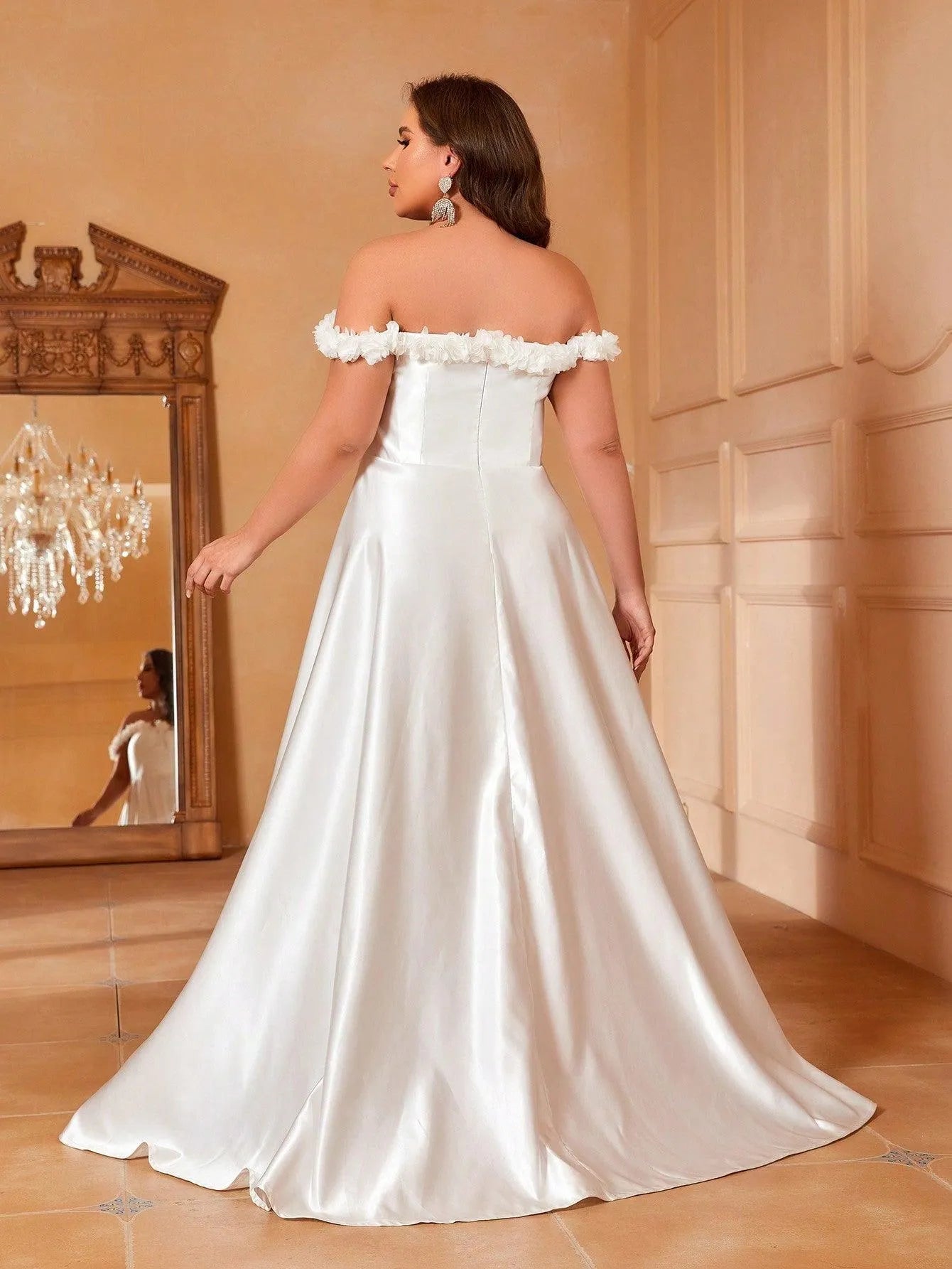 Plus Off Shoulder Floral Applique Satin Wedding Dress