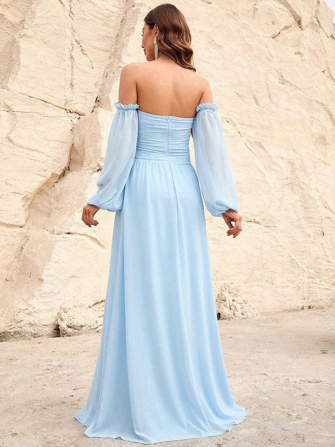 Elegant Off Shoulder Cut Out Ruched Split Thigh A Line Dress