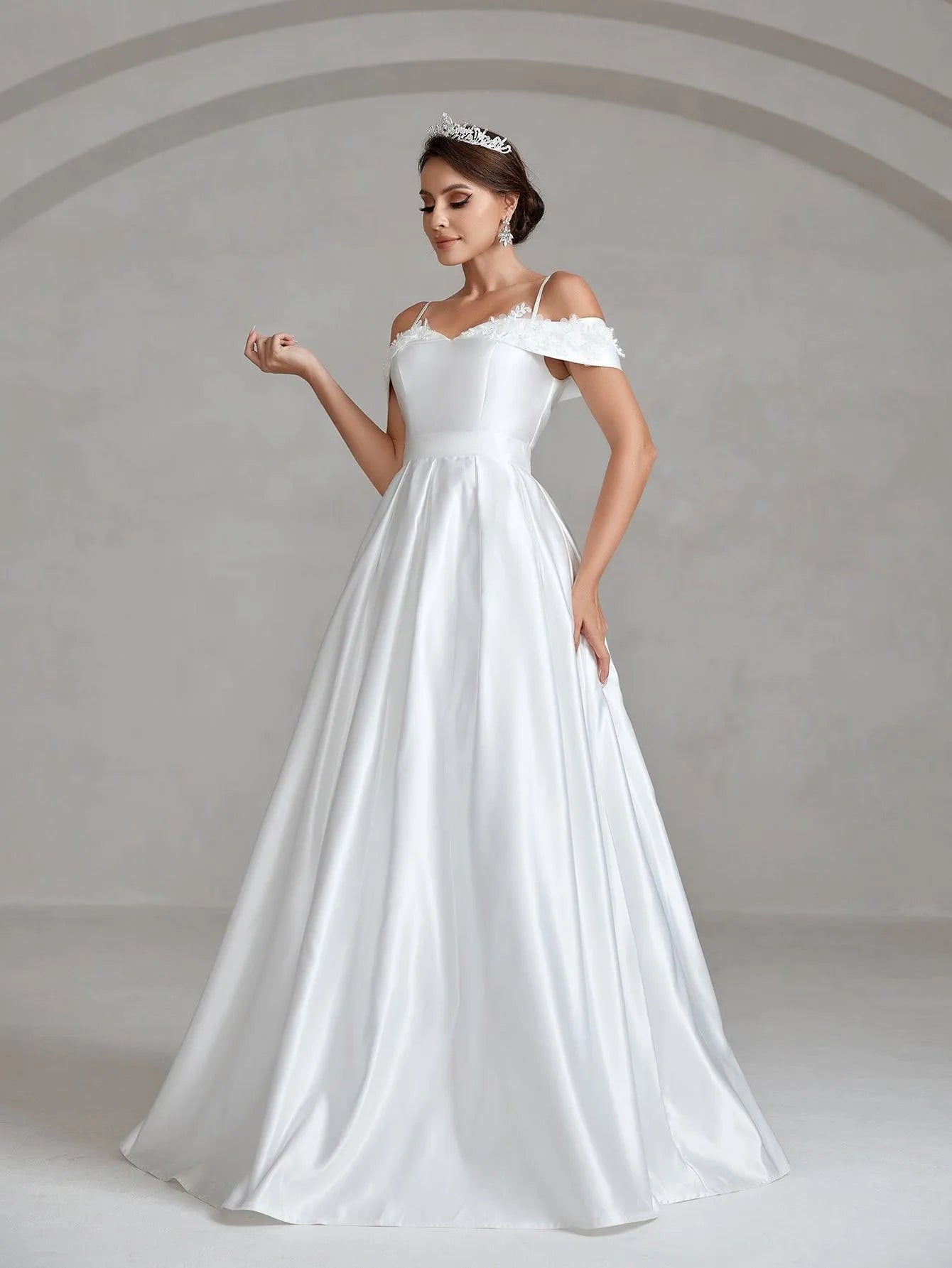 Floral Applique Cold Shoulder Satin Wedding Dresses