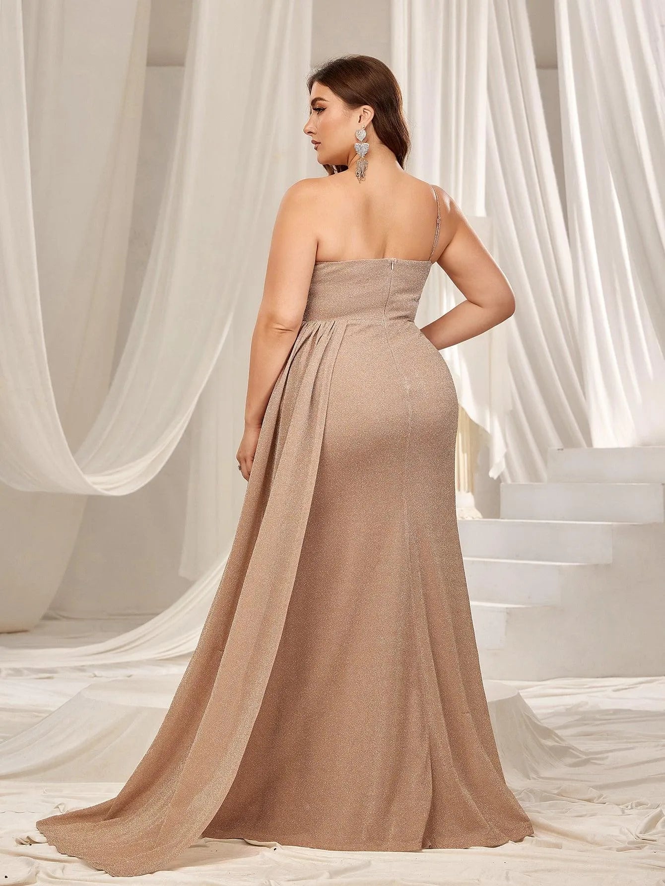 Plus Glitter One Shoulder Split Thigh Draped Side Party Dress