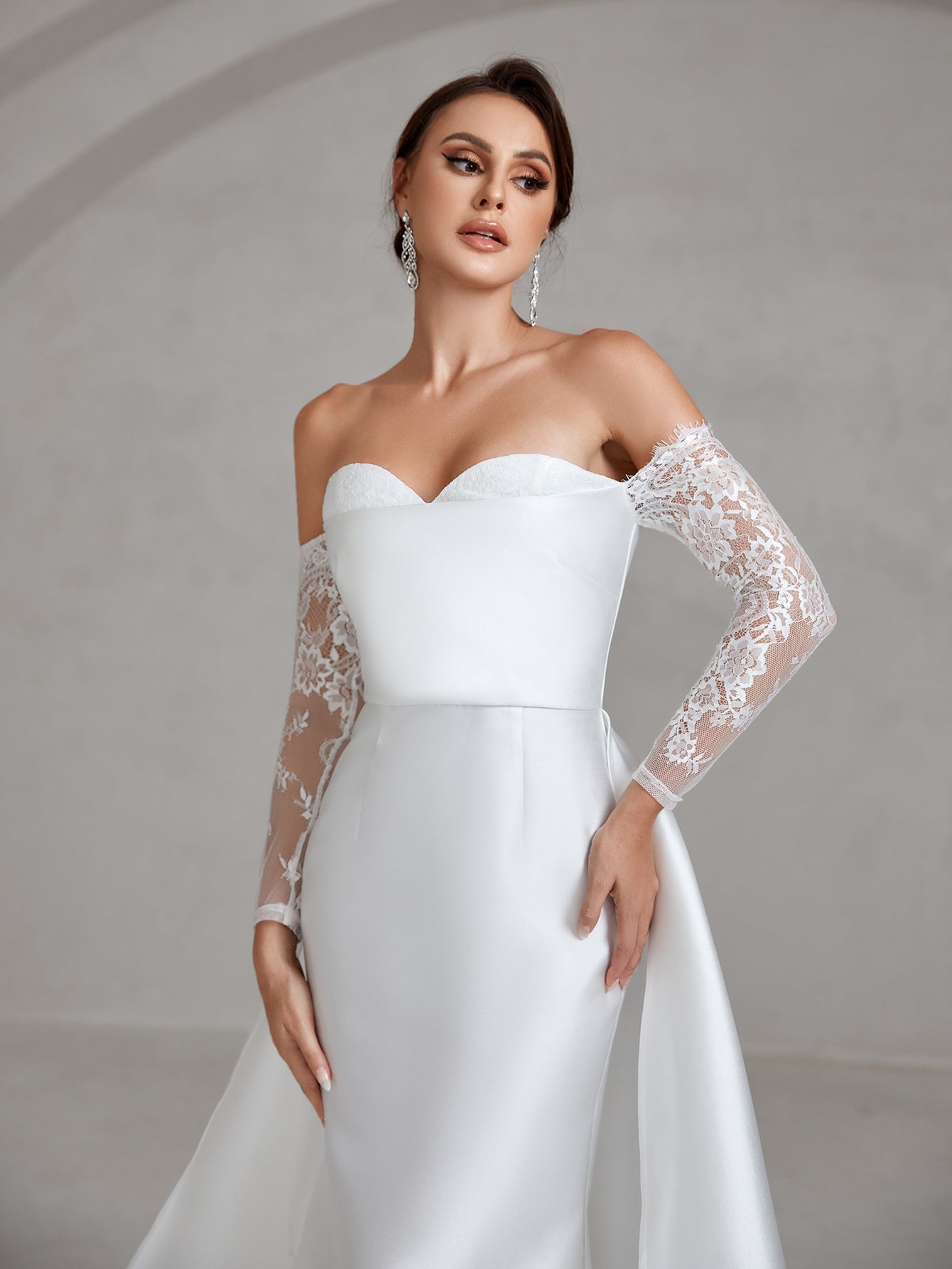 Off Shoulder Lace Sleeve Satin Mermaid Hem Wedding Dress