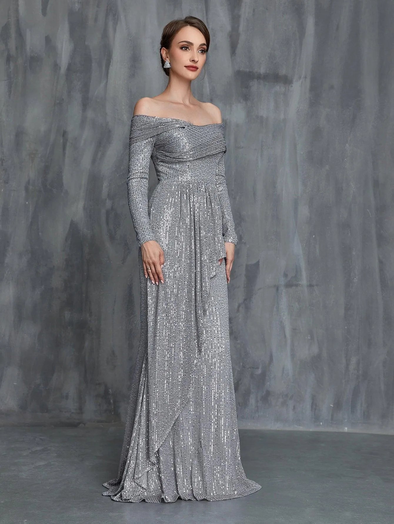 Womens' Off Shoulder Long Sleeves Sequin Formal Dress