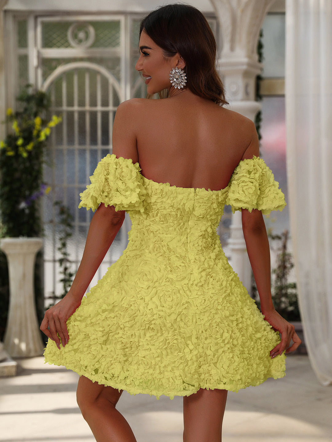 Elegant Off Shoulder Short Sleeve 3D Flower Dresses