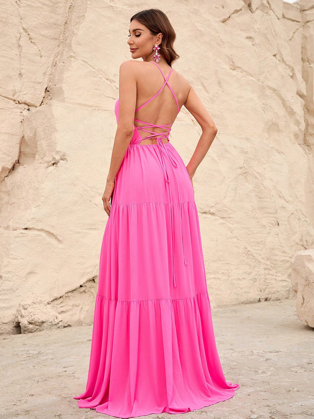 Back Lace Up Chiffon Tiered Maxi Dress